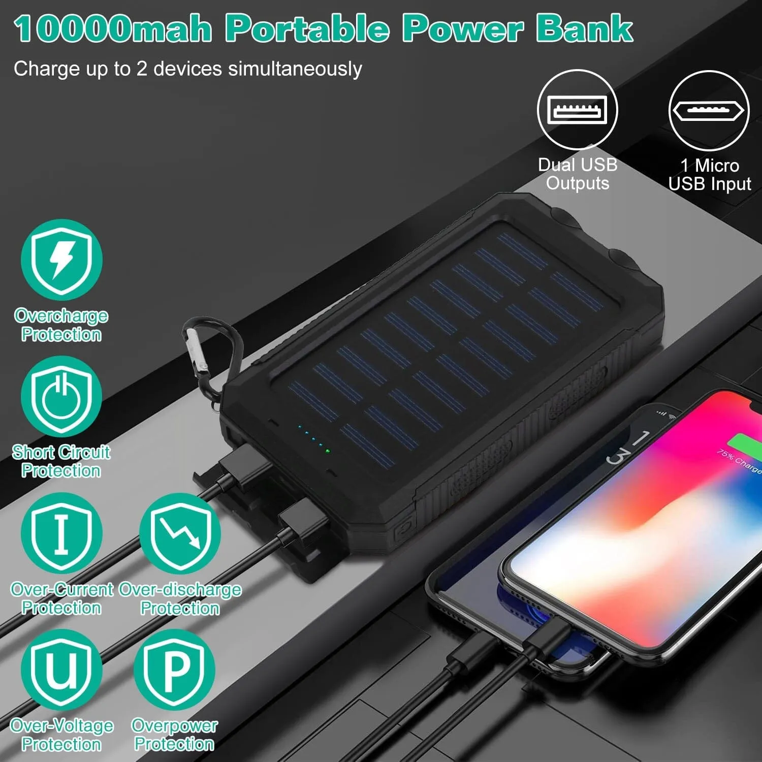 10000mAh Solar Power Bank External Battery Pack