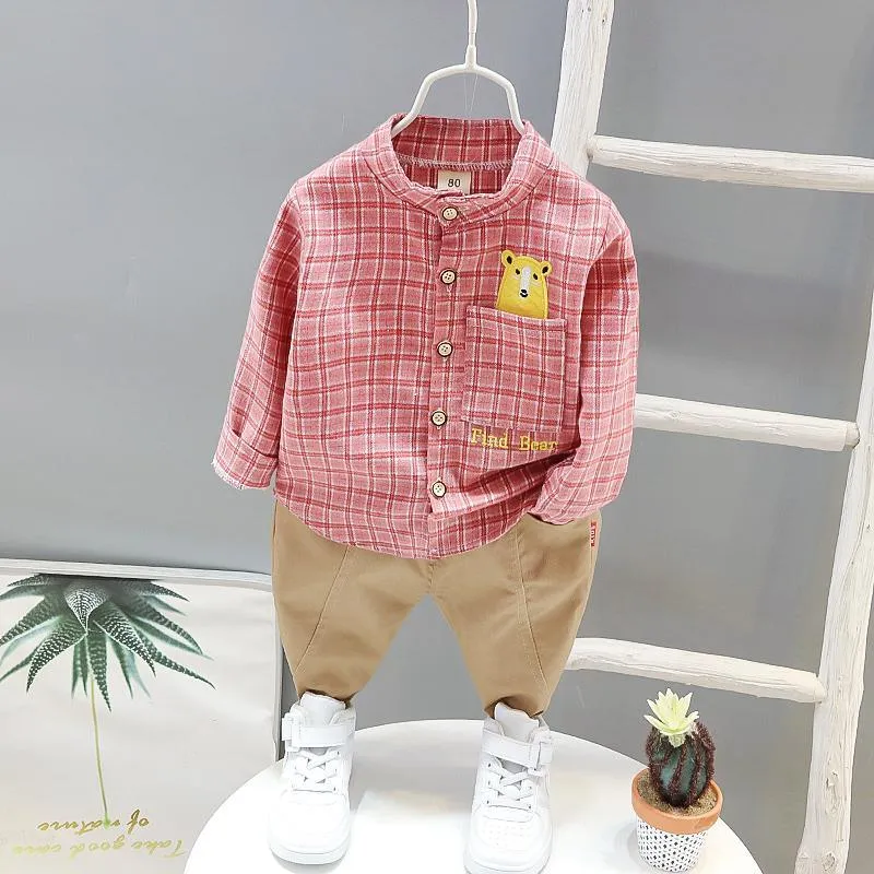 2-piece Bear Pattern Plaid Shirt & Pants for Children Boy