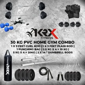 30 kg PVC Combo with Unfilled Punching Bag & PVC Dumbbells | Home Gym | (2.5 Kg x 4 = 10 Kg   5 Kg x 4 = 20Kg )