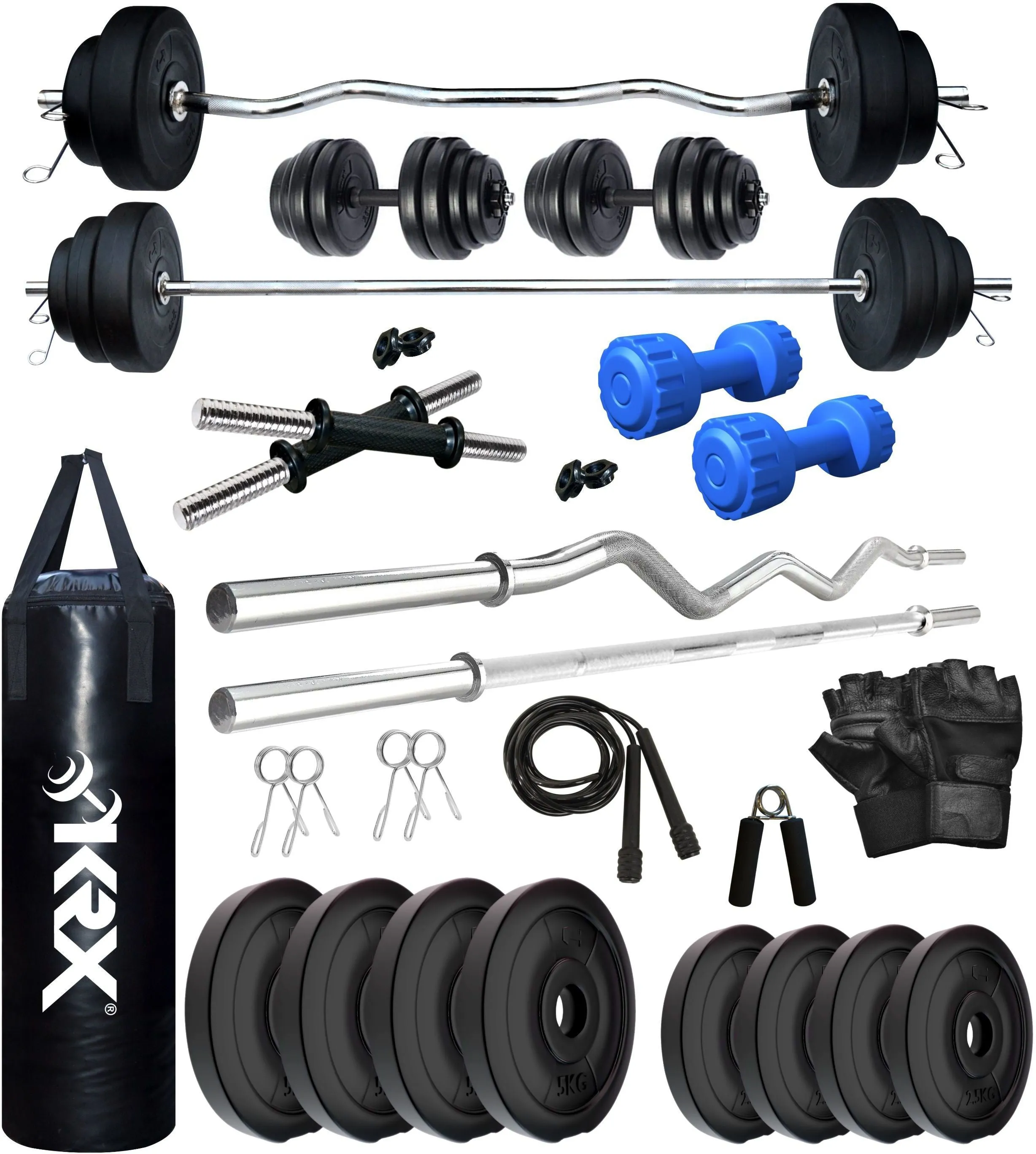 30 kg PVC Combo with Unfilled Punching Bag & PVC Dumbbells | Home Gym | (2.5 Kg x 4 = 10 Kg   5 Kg x 4 = 20Kg )