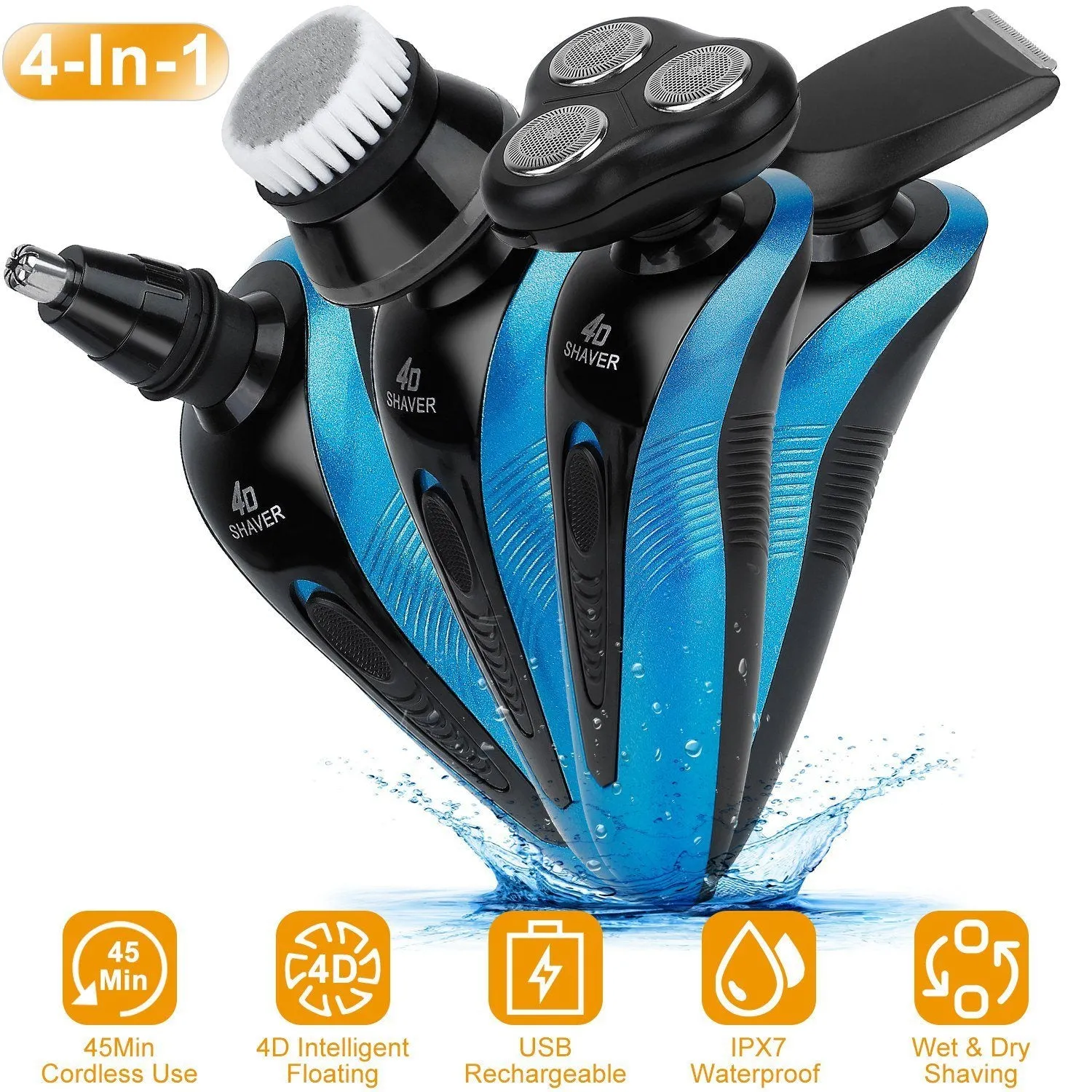 4-in-1 IPX7 Waterproof Beard Trimmer Cordless Razor for Men