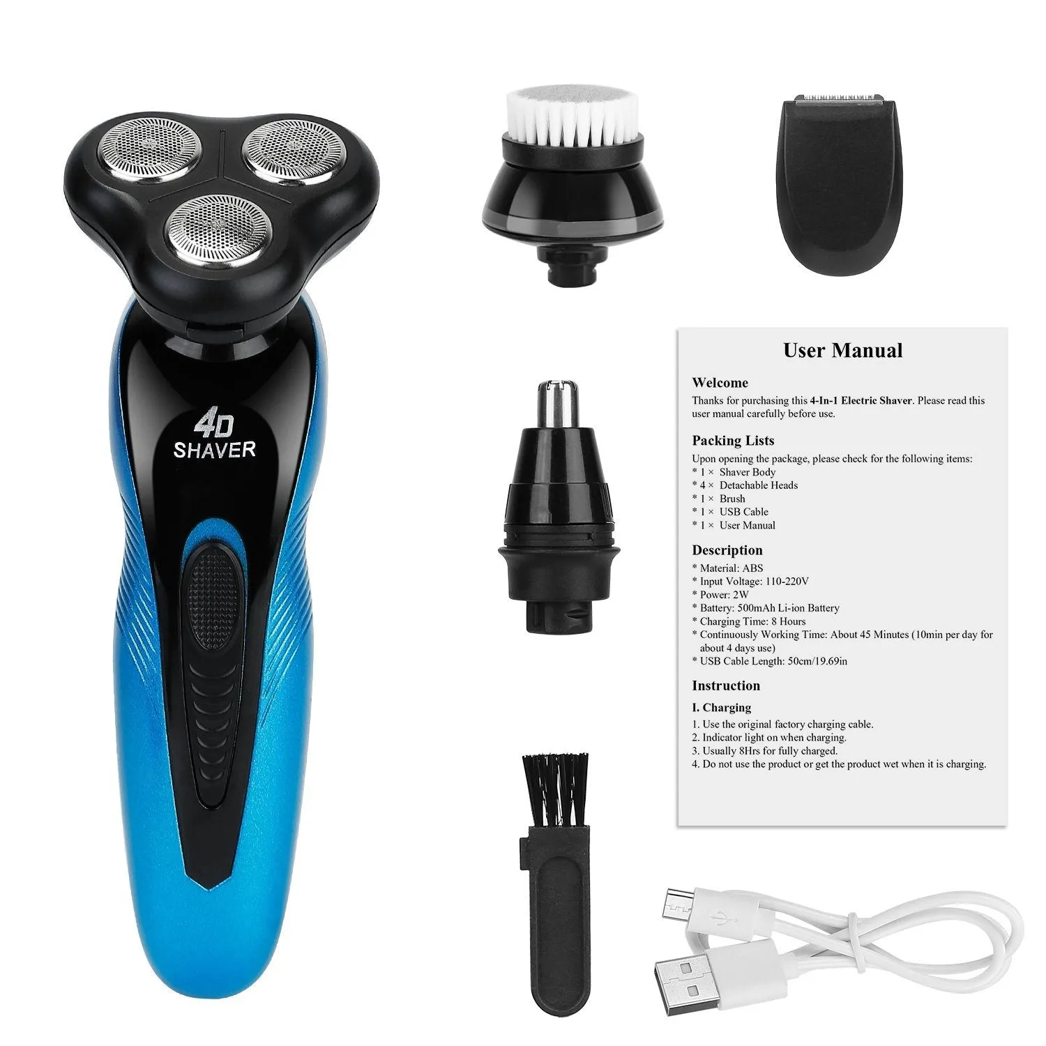 4-in-1 IPX7 Waterproof Beard Trimmer Cordless Razor for Men