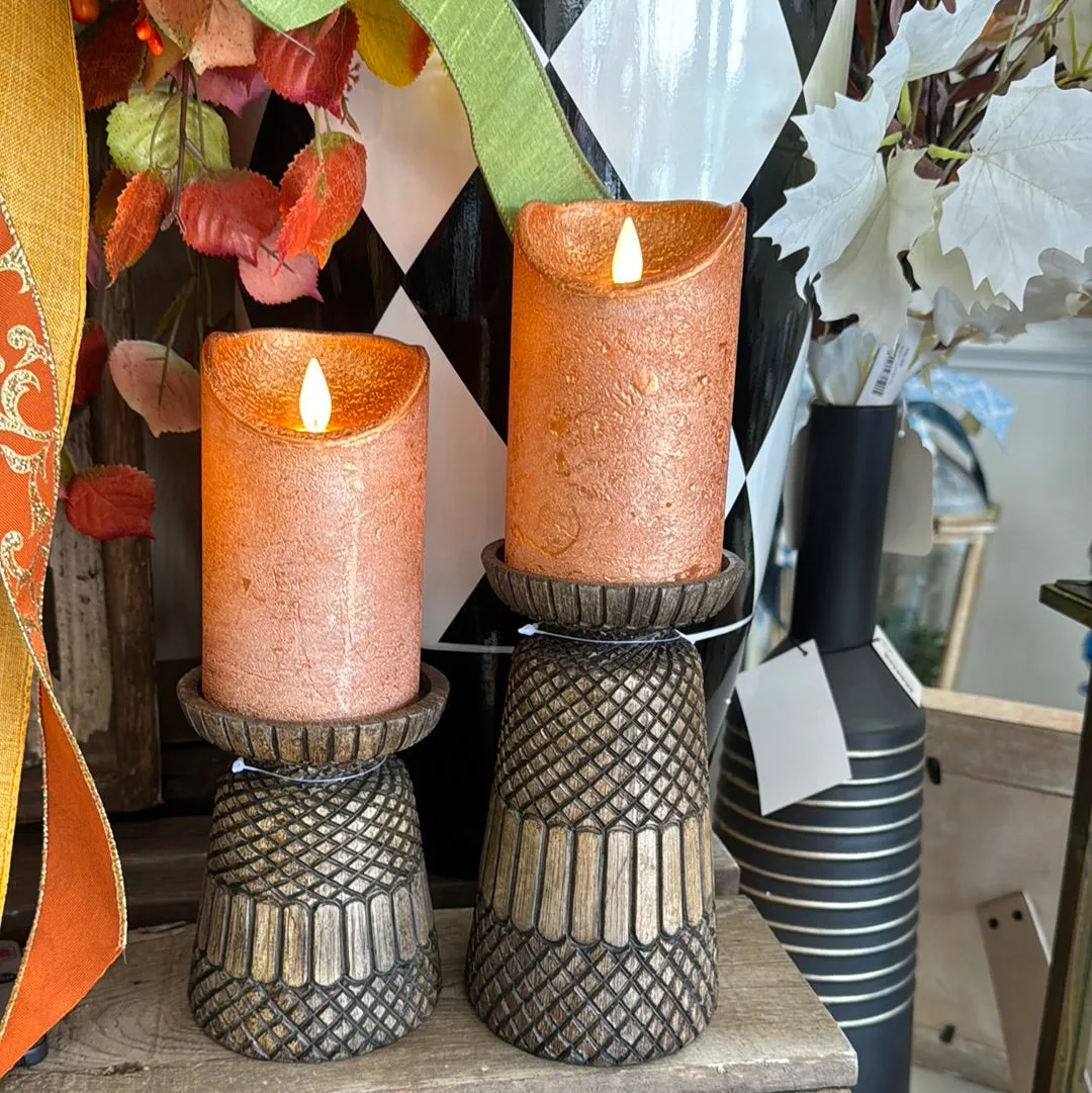 Acorn carved pillar candle holders