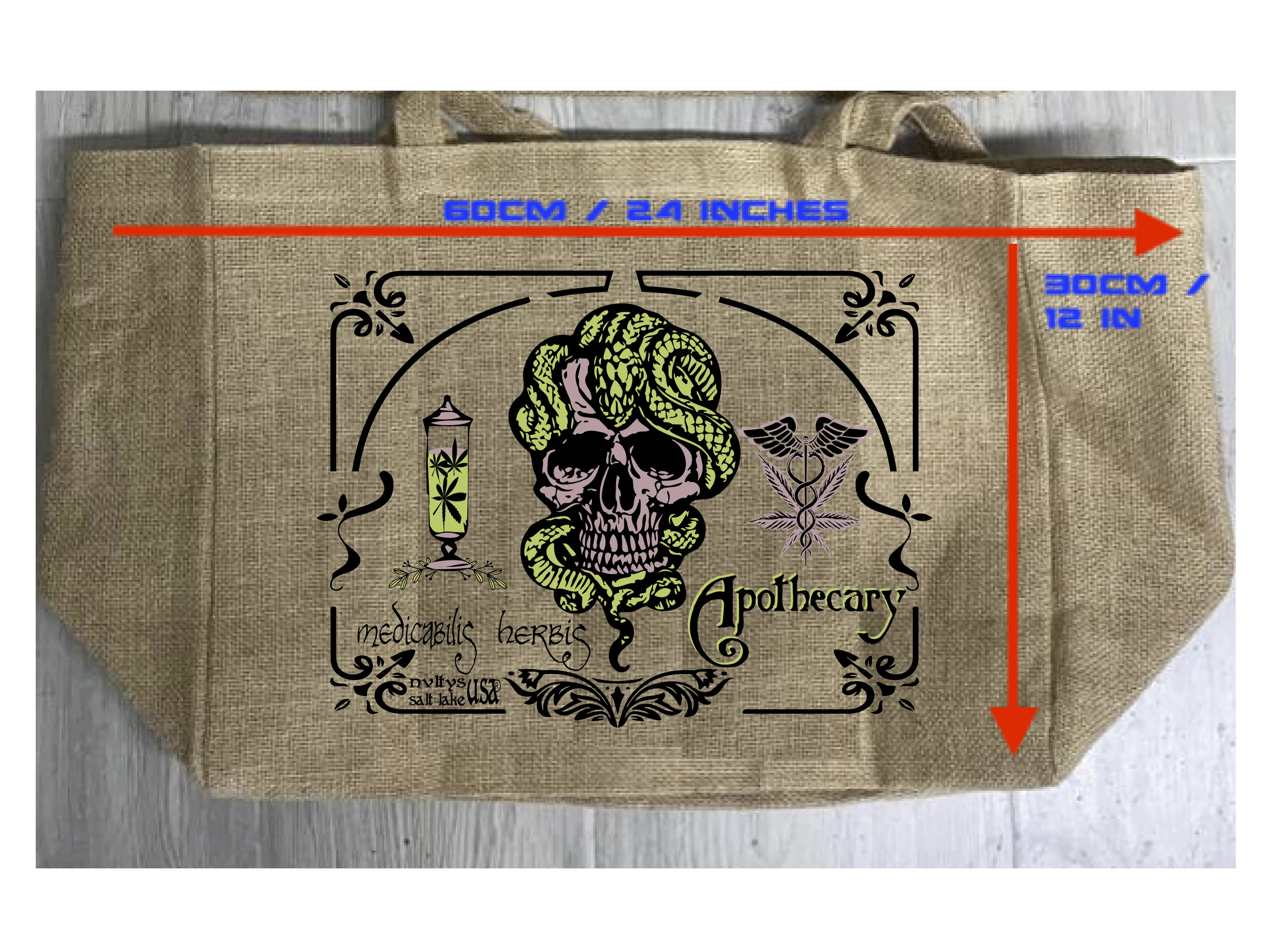 APOTHECARY MEDICAL MARIJUANA BURLAP TOTE BAG (Sold by the piece)