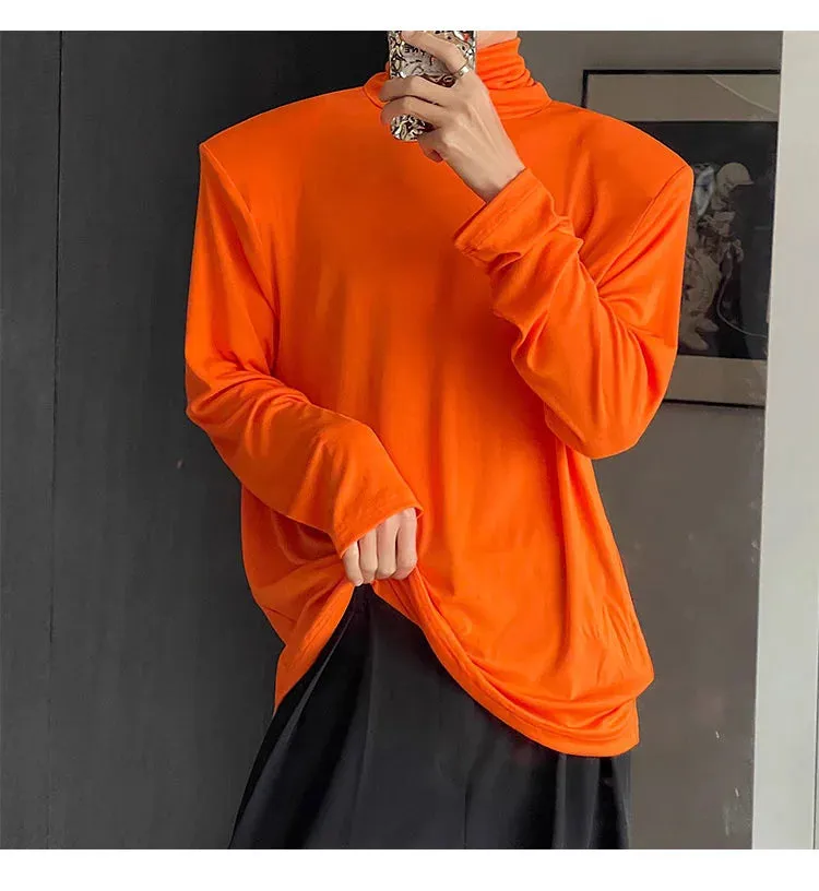 Autumn Men's T-shirt Turtleneck Solid Collar Shoulder Pad Long Sleeve Slim Fit Tops Solid Color Pullover Top 9A2222