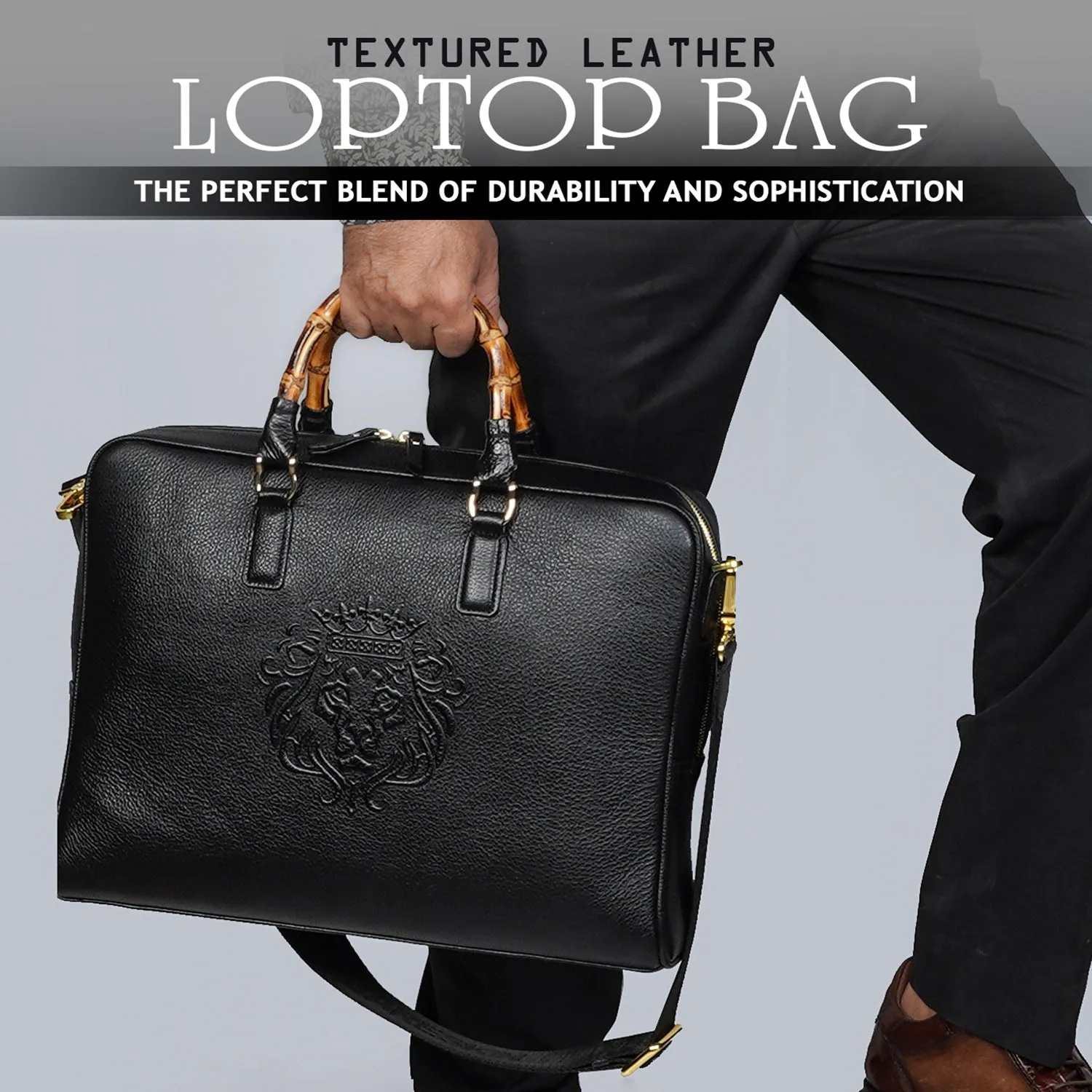 Bamboo Handle Black Laptop/Office Briefcase in Textured Leather