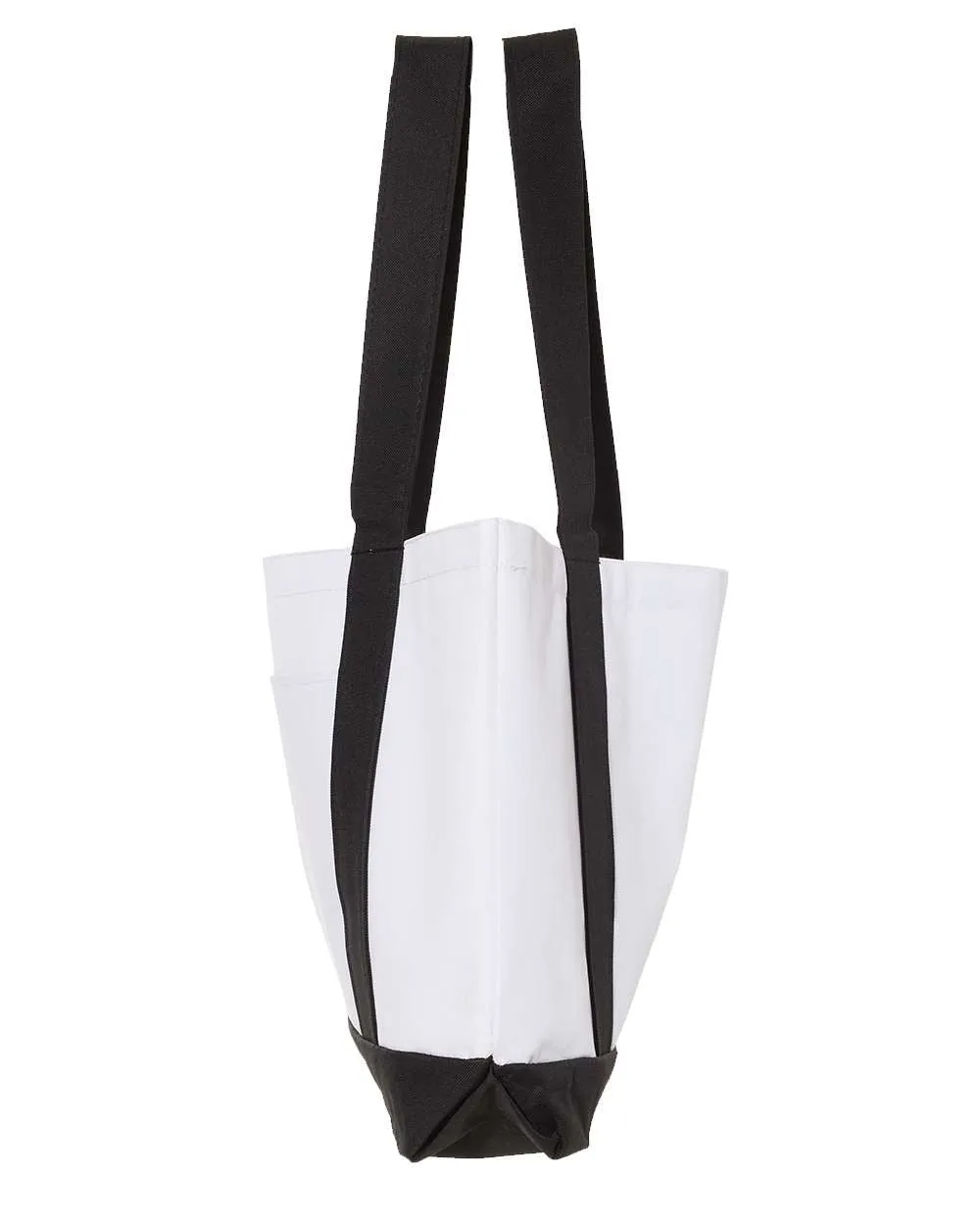 Barbarian Shopping Bag, 18.5"W x 12"H with 3.5" depth. White Polyester with Black Straps and Bottom.