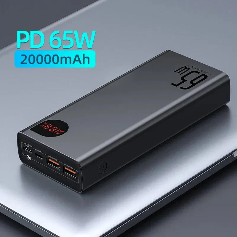 Baseus 65W 20000mAh Fast Charging Power Bank - Portable Charger for iPhone & Xiaomi Devices