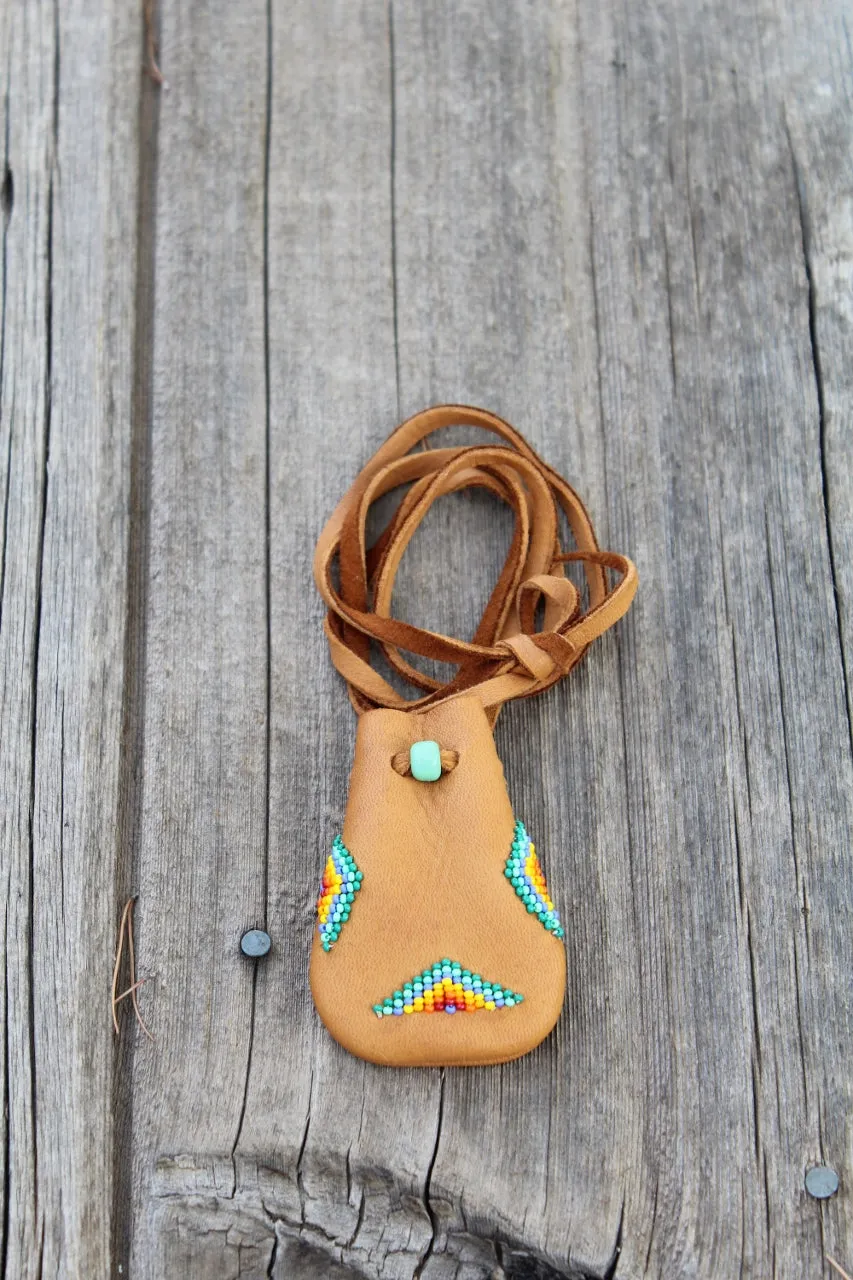 Beaded medicine bag, leather necklace bag