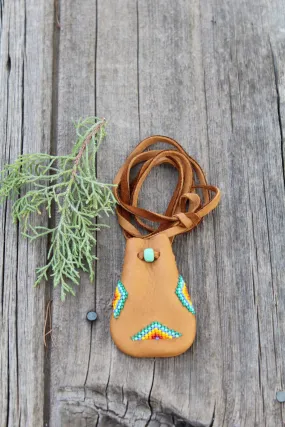 Beaded medicine bag, leather necklace bag