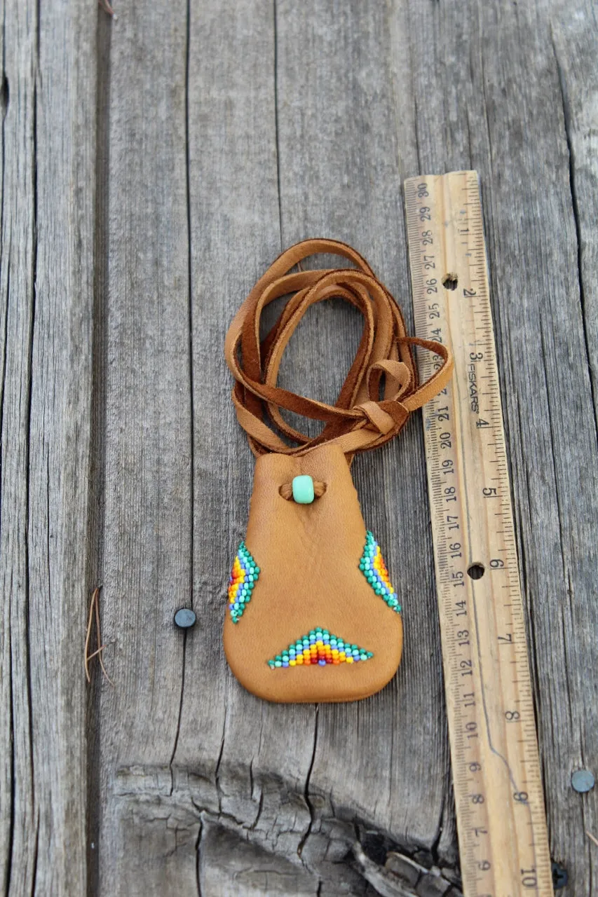 Beaded medicine bag, leather necklace bag