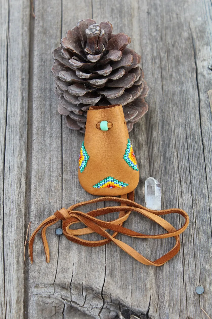 Beaded medicine bag, leather necklace bag