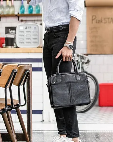 Black Leather Mens 12 inches Briefcase Work Bag Black Laptop Handbag Business Briefcase Shoulder Handbag for Men