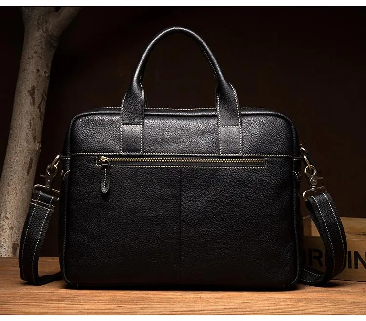 Black Leather Mens 13 inches Vertical Briefcase Laptop Shoulder Bag Coffee Business Work Bag for Men