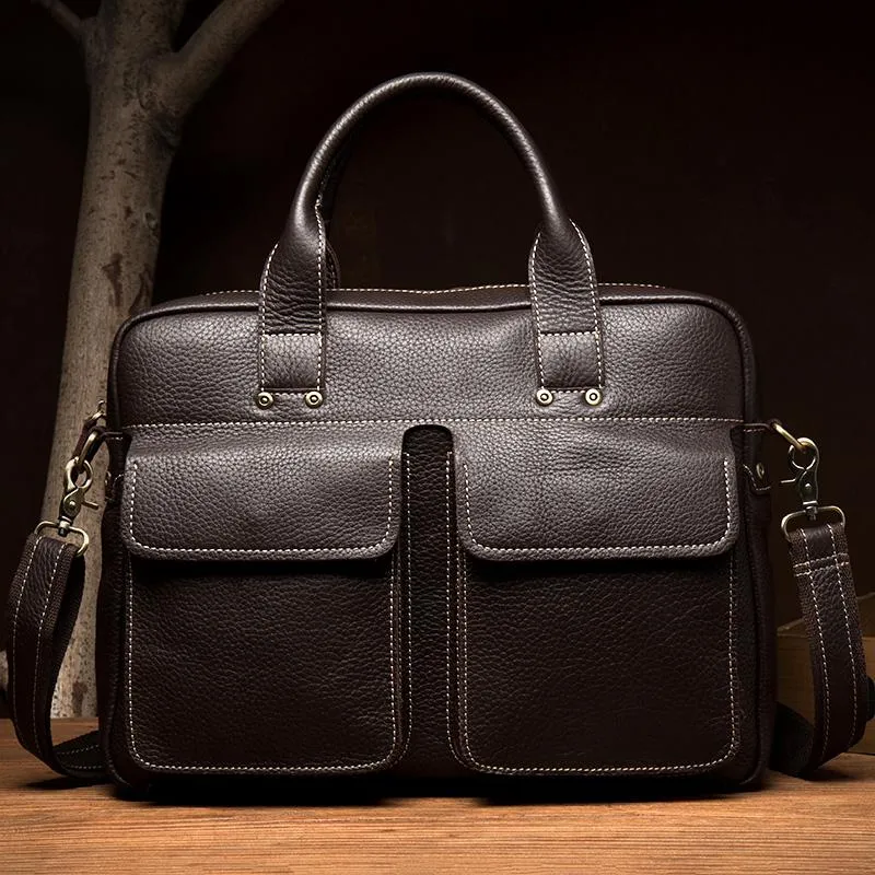 Black Leather Mens 13 inches Vertical Briefcase Laptop Shoulder Bag Coffee Business Work Bag for Men