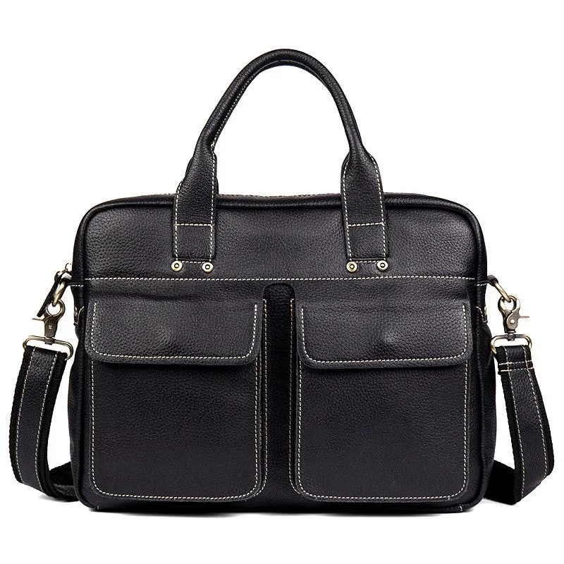 Black Leather Mens 13 inches Vertical Briefcase Laptop Shoulder Bag Coffee Business Work Bag for Men