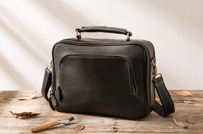 Black Leather Mens Briefcase Work Bag Laptop Bag Business Bag for Men