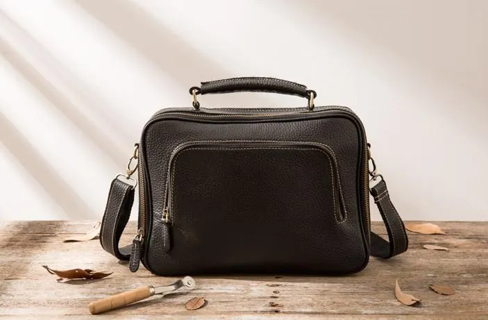 Black Leather Mens Briefcase Work Bag Laptop Bag Business Bag for Men