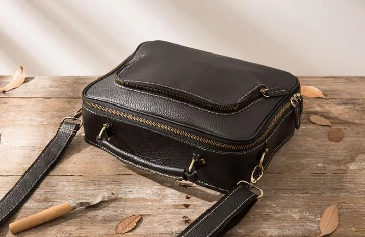 Black Leather Mens Briefcase Work Bag Laptop Bag Business Bag for Men