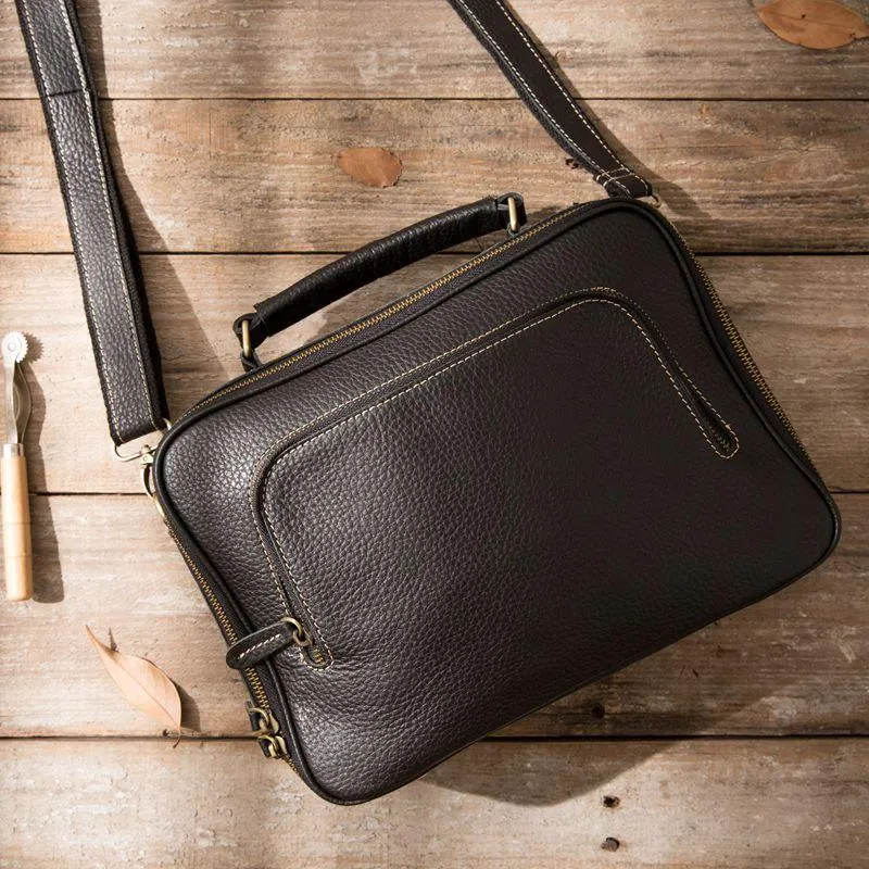 Black Leather Mens Briefcase Work Bag Laptop Bag Business Bag for Men