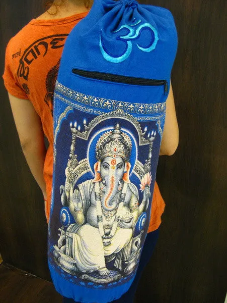 Blue Embroidered Ohm   Ganesha Print Cotton & Hemp Yoga Mat Bag