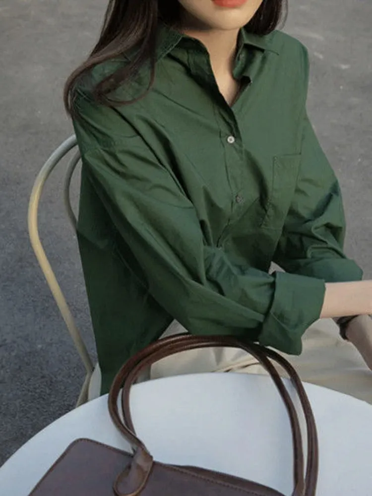 Blue Women Shirt Designed Long Sleeve Korean Office Ladies Button Up Shirts Loose All Match Solid Green Female Tops