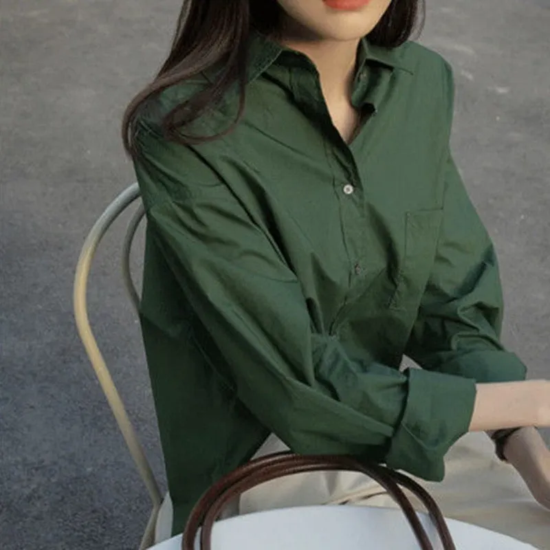 Blue Women Shirt Designed Long Sleeve Korean Office Ladies Button Up Shirts Loose All Match Solid Green Female Tops