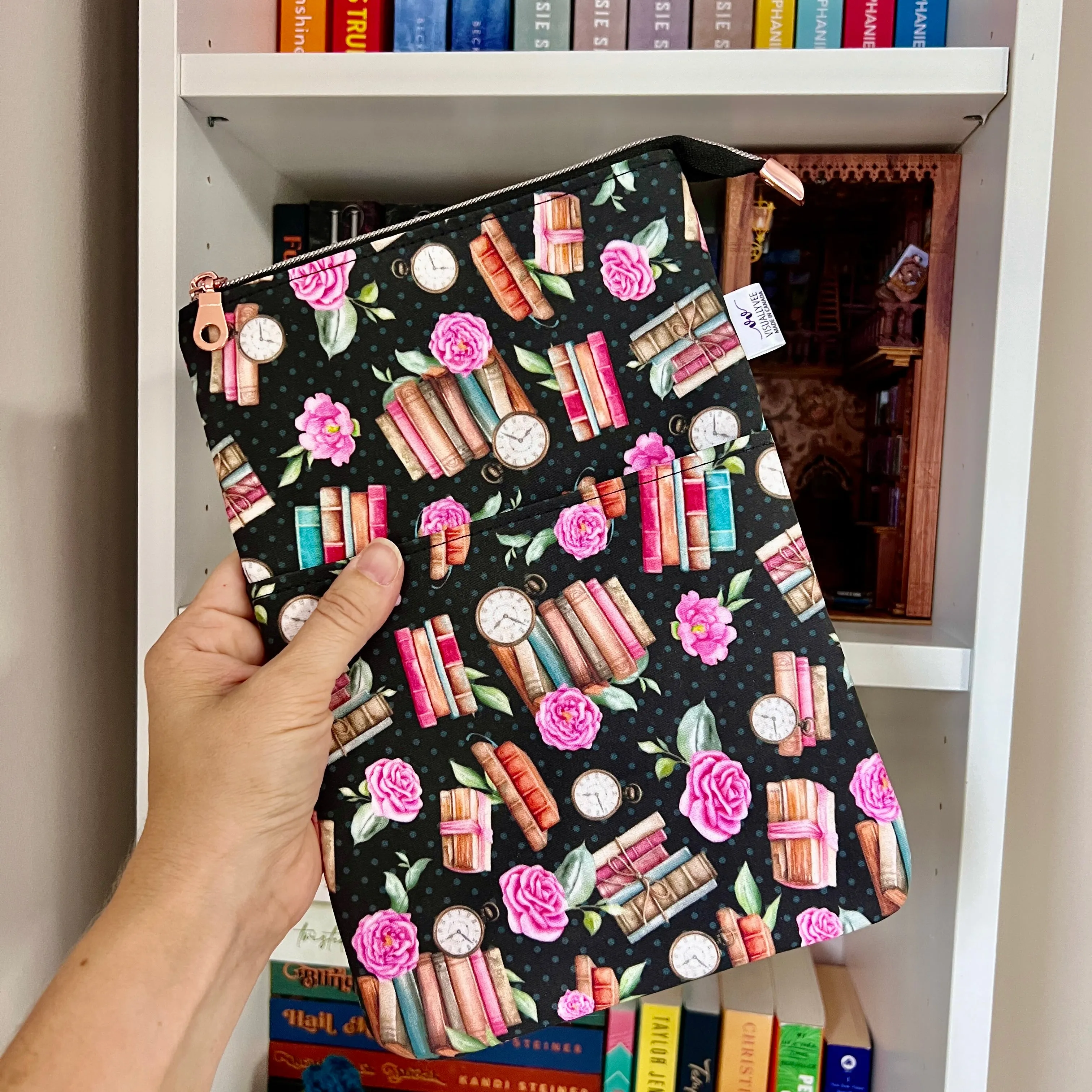 Books, Clocks and Roses  -  Zippered Book Sleeve