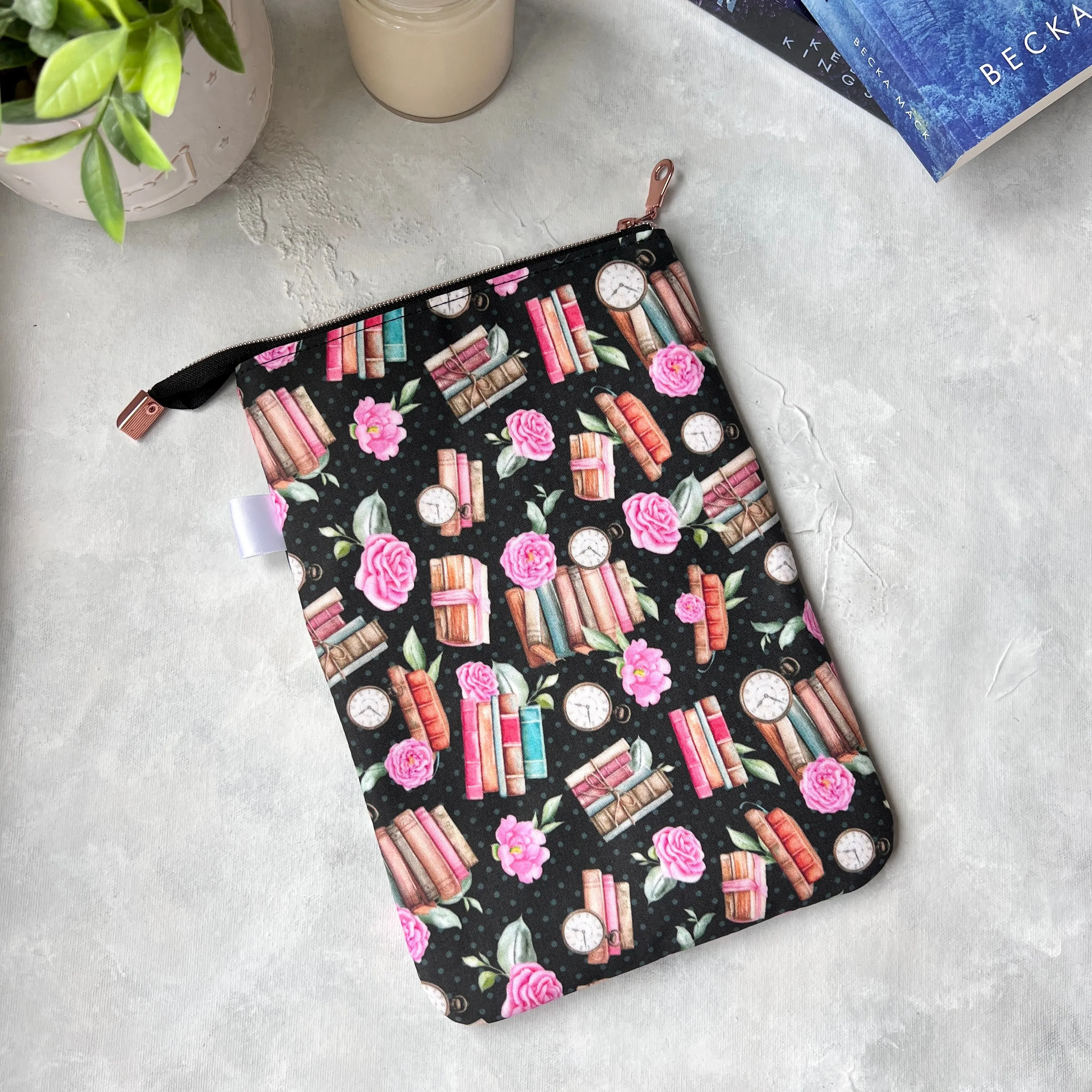 Books, Clocks and Roses  -  Zippered Book Sleeve