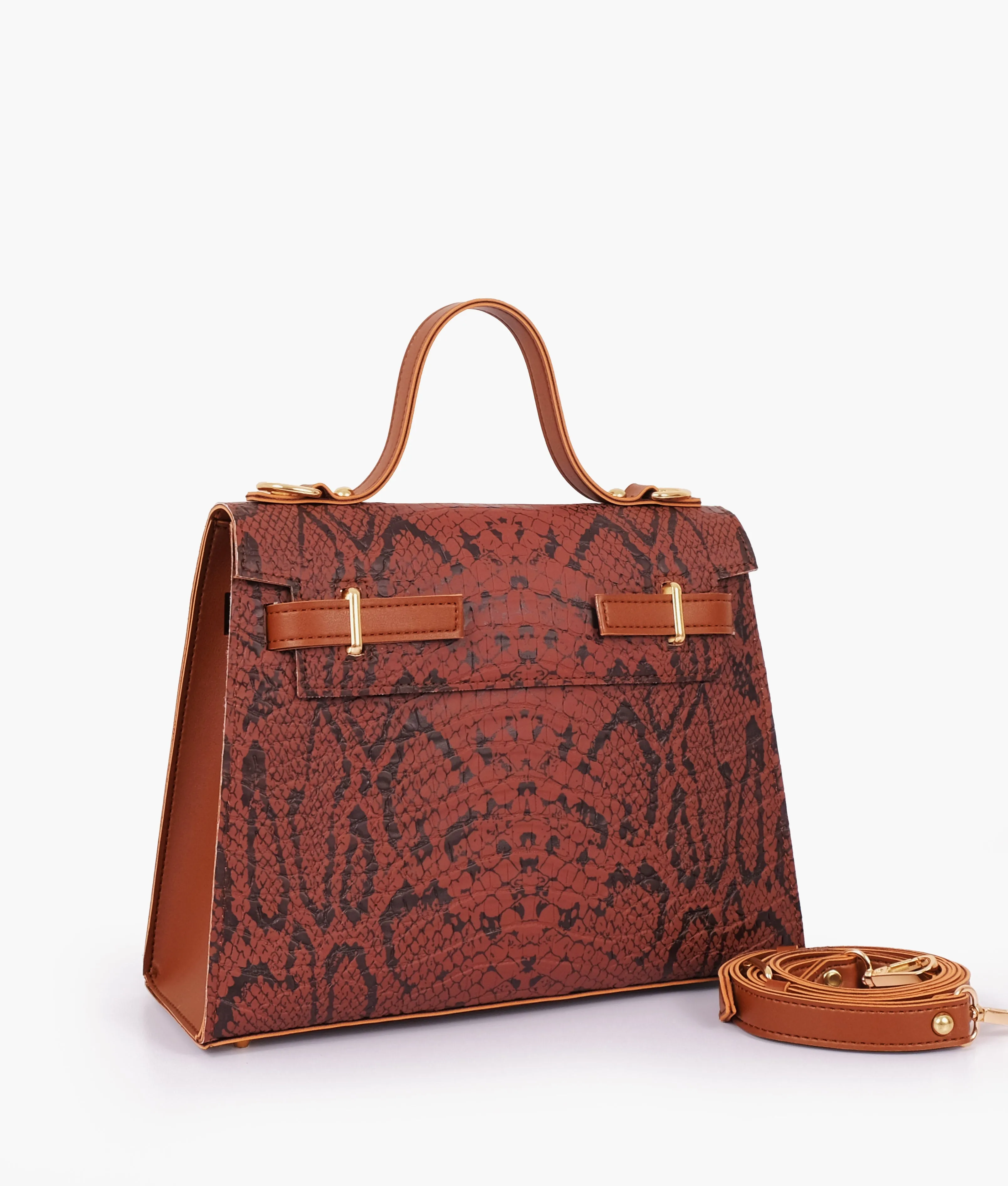 Brown crocodile cross-body bag with top-handle