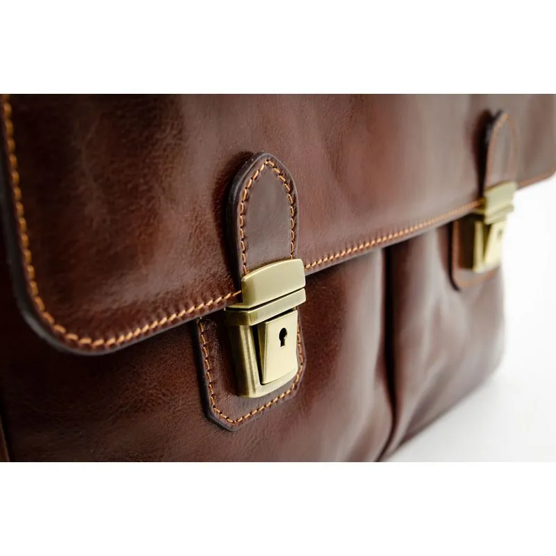 Brown Full Grain Italian Leather Briefcase Laptop Bag - The Stand