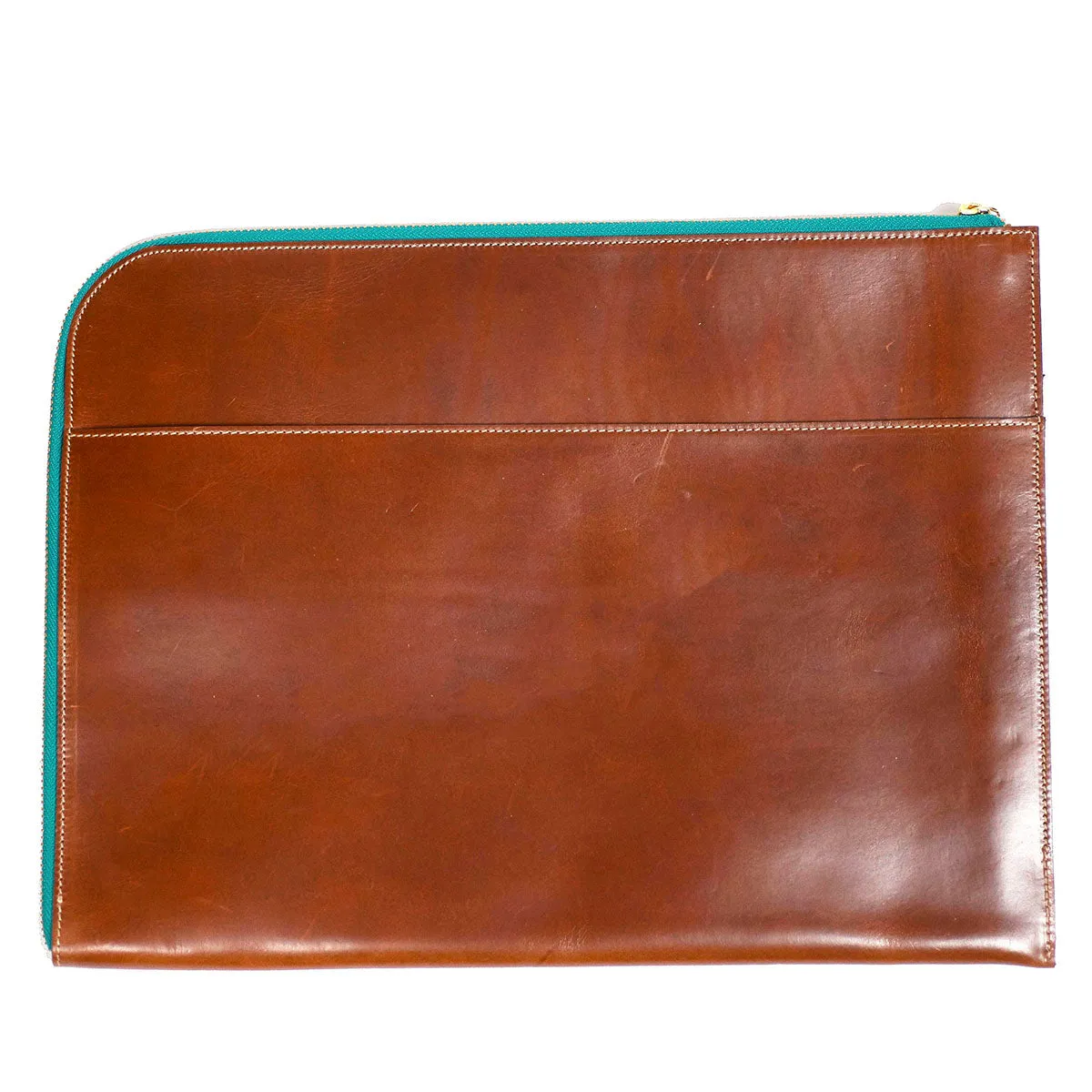 Brown leather portfolio with green zipper