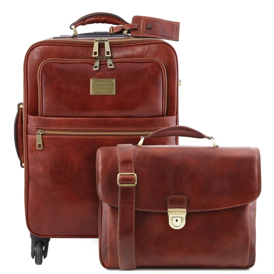 Business 4 Wheeled Luggage And Leather Laptop Briefcase Set