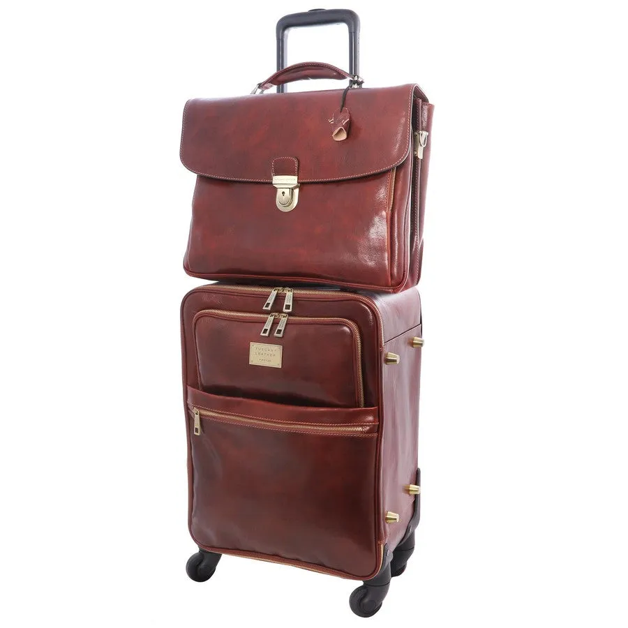 Business 4 Wheeled Luggage And Leather Laptop Briefcase Set