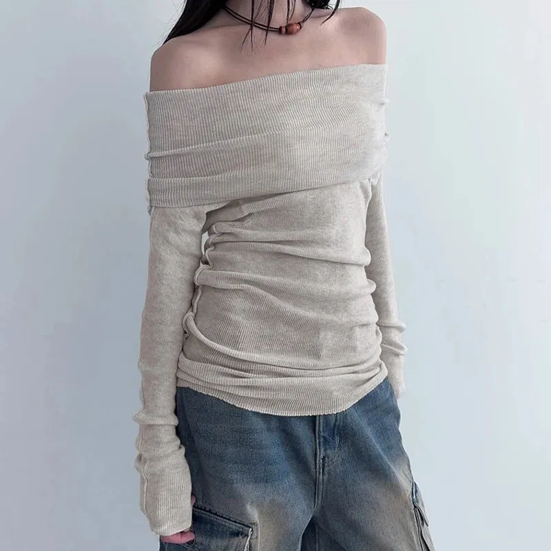 Casual Slash Neck Stitch Female T-shirt Off Shoulder Top Slim Folds Basic Korean Tee Long Sleeve Pullovers Japanese