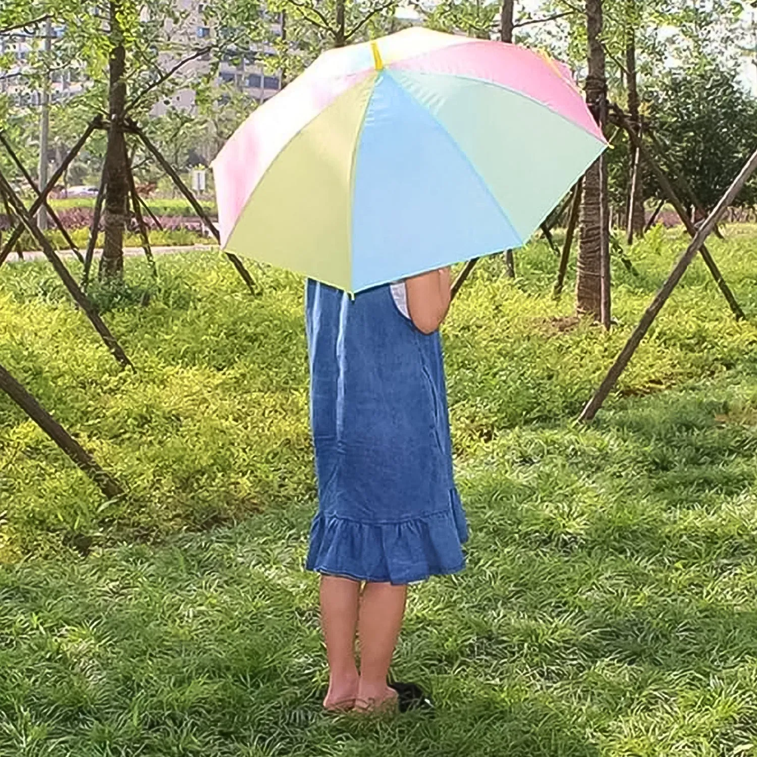 Colorful Rainbow Umbrella Multi-Colour J Shaped Handle (1 Pc / MOQ :- 5)