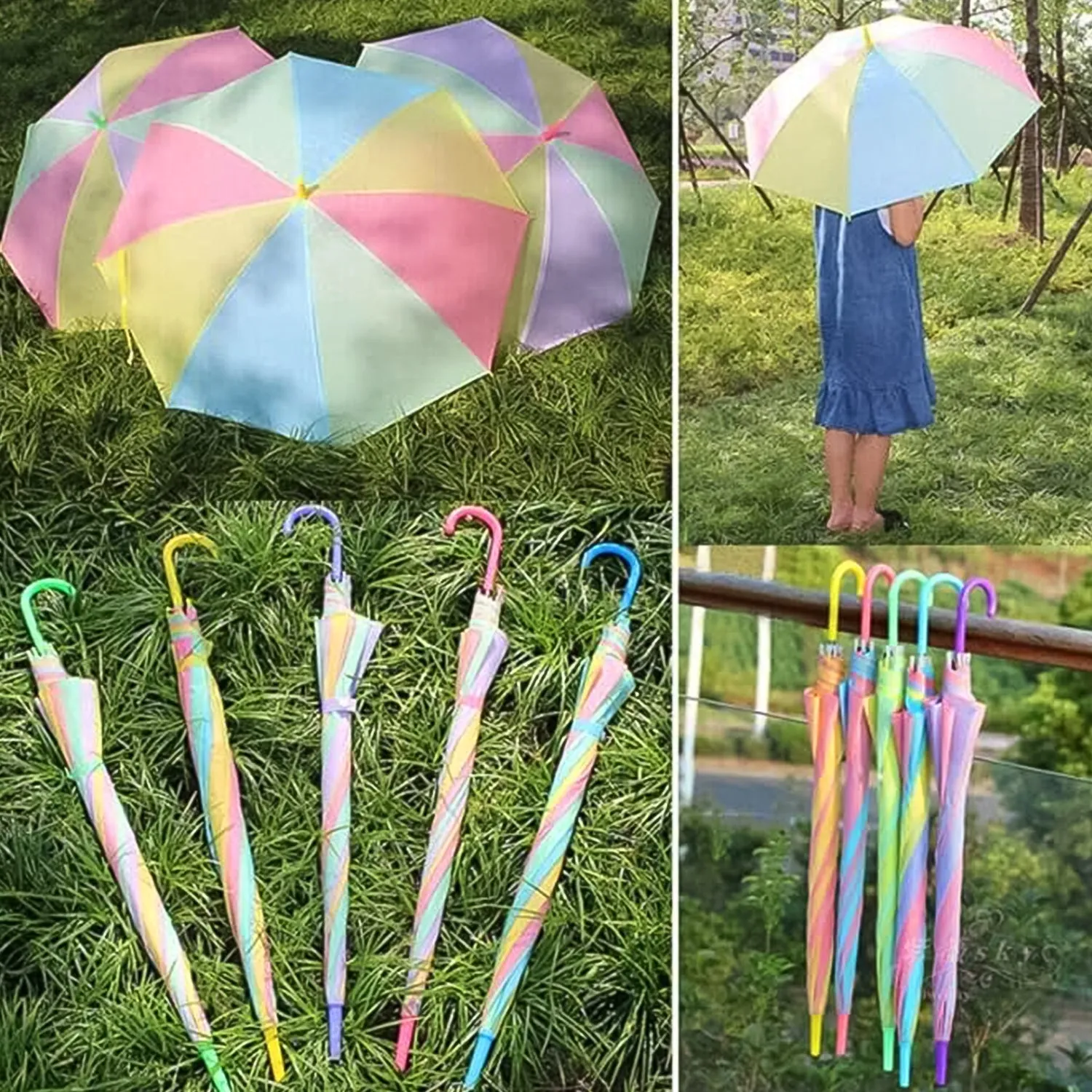 Colorful Rainbow Umbrella Multi-Colour J Shaped Handle (1 Pc / MOQ :- 5)