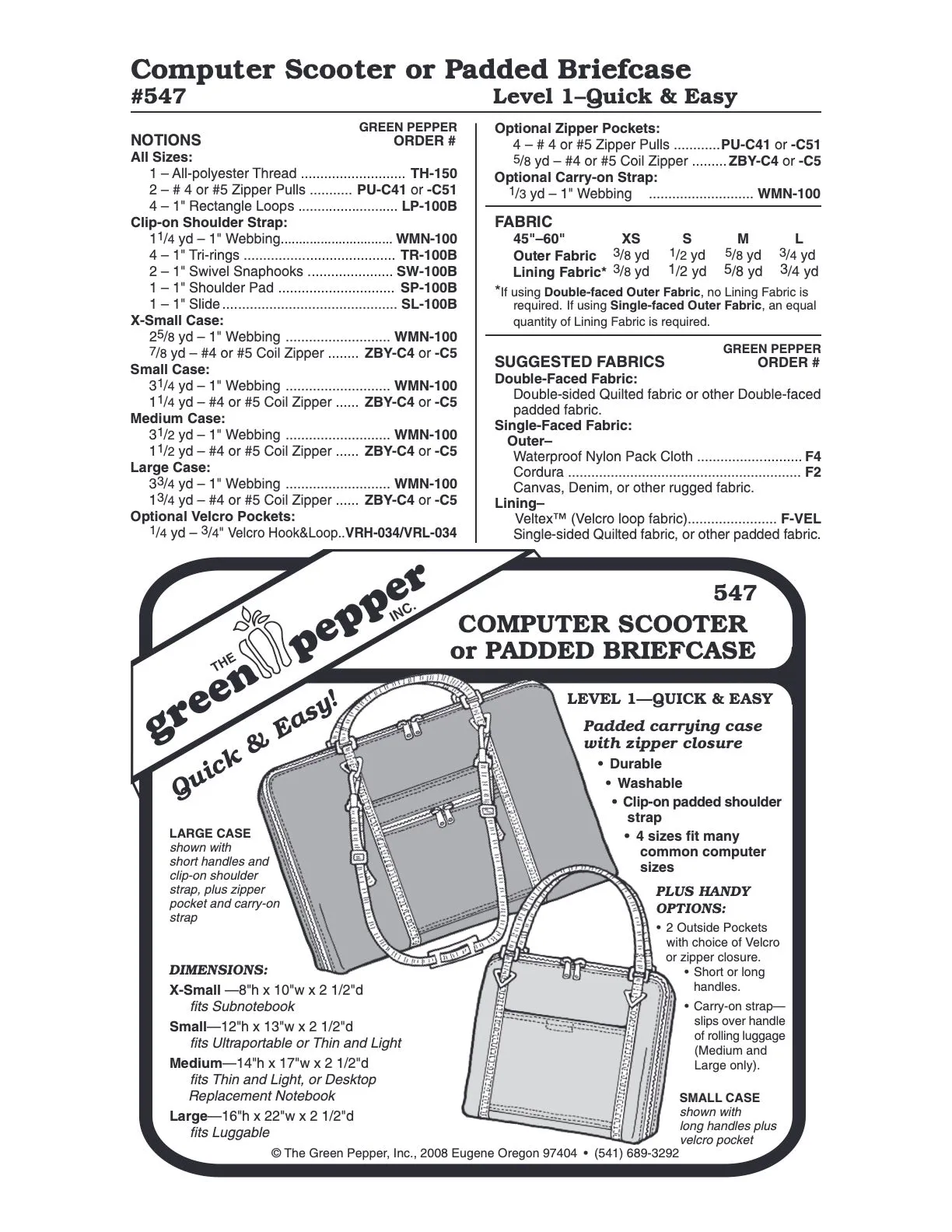 Computer Scooter or Padded Briefcase - 547 - The Green Pepper Patterns