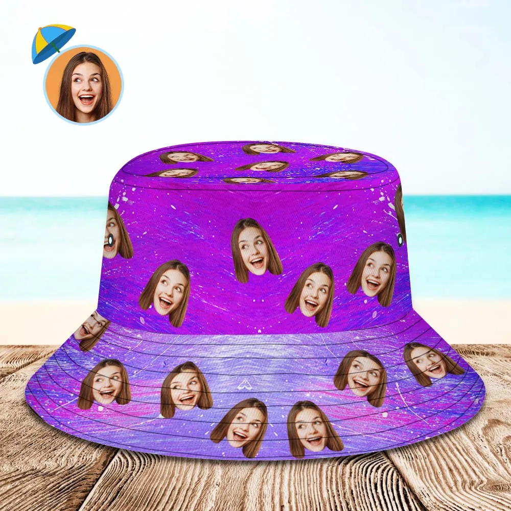 Custom Bucket Hat Unisex Personalised Photo Wide Brim Outdoor Summer Hats Purple Blue and Orange Oil Painting Style