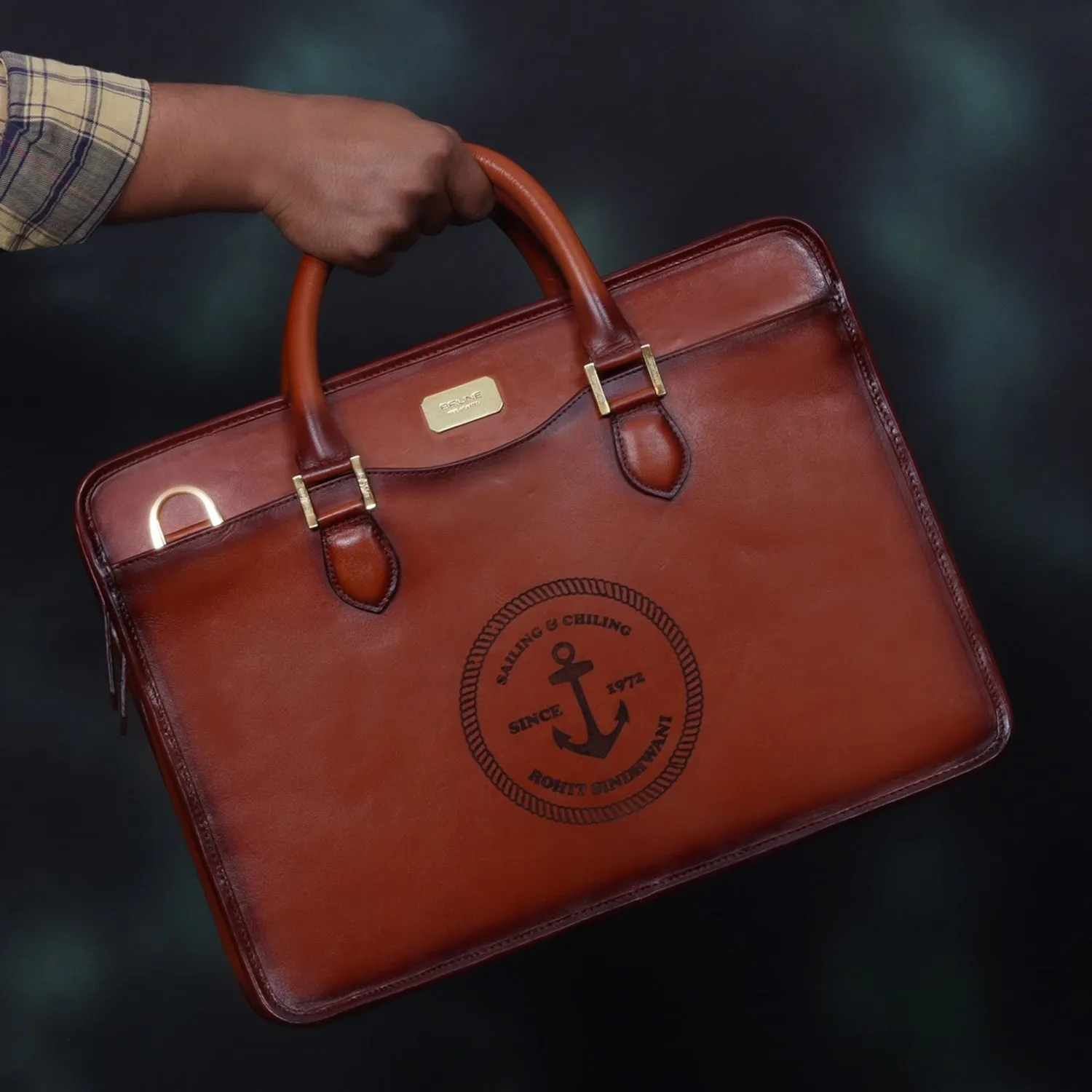 Customized Tan Darker Scritto Laser Initials and "Anchor Sign" Leather Laptop/Office Briefcase By Brune & Bareskin