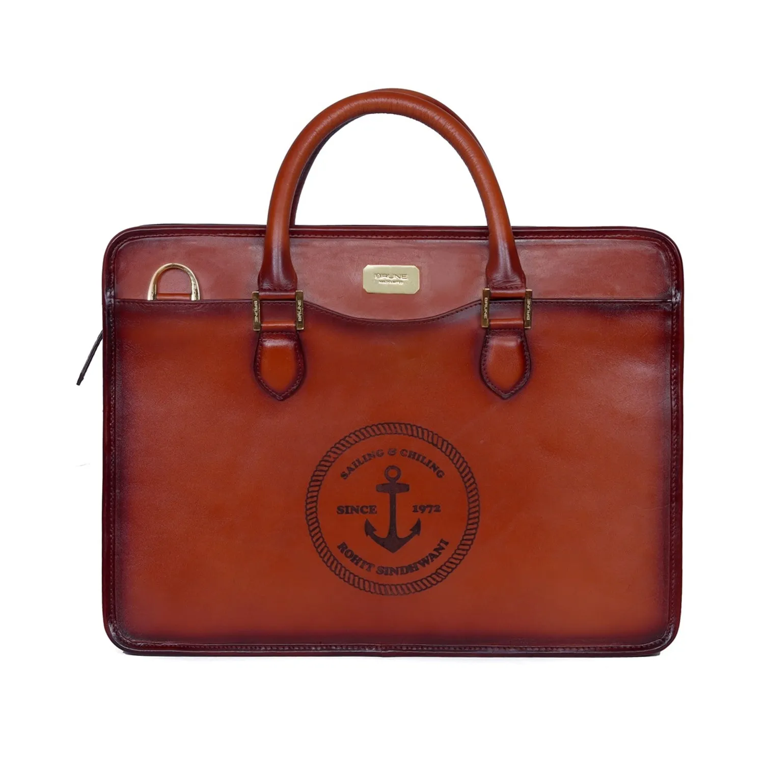 Customized Tan Darker Scritto Laser Initials and "Anchor Sign" Leather Laptop/Office Briefcase By Brune & Bareskin