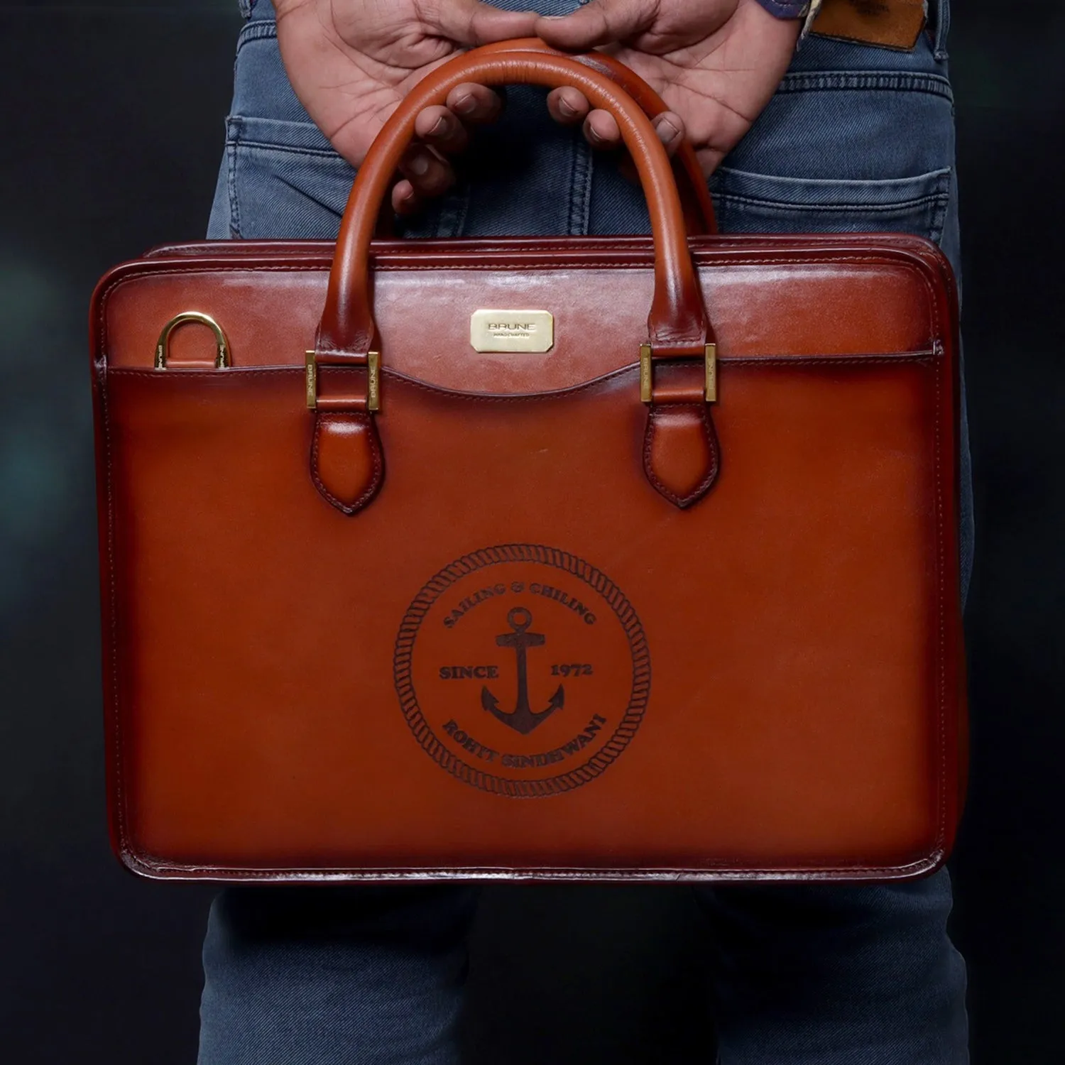 Customized Tan Darker Scritto Laser Initials and "Anchor Sign" Leather Laptop/Office Briefcase By Brune & Bareskin