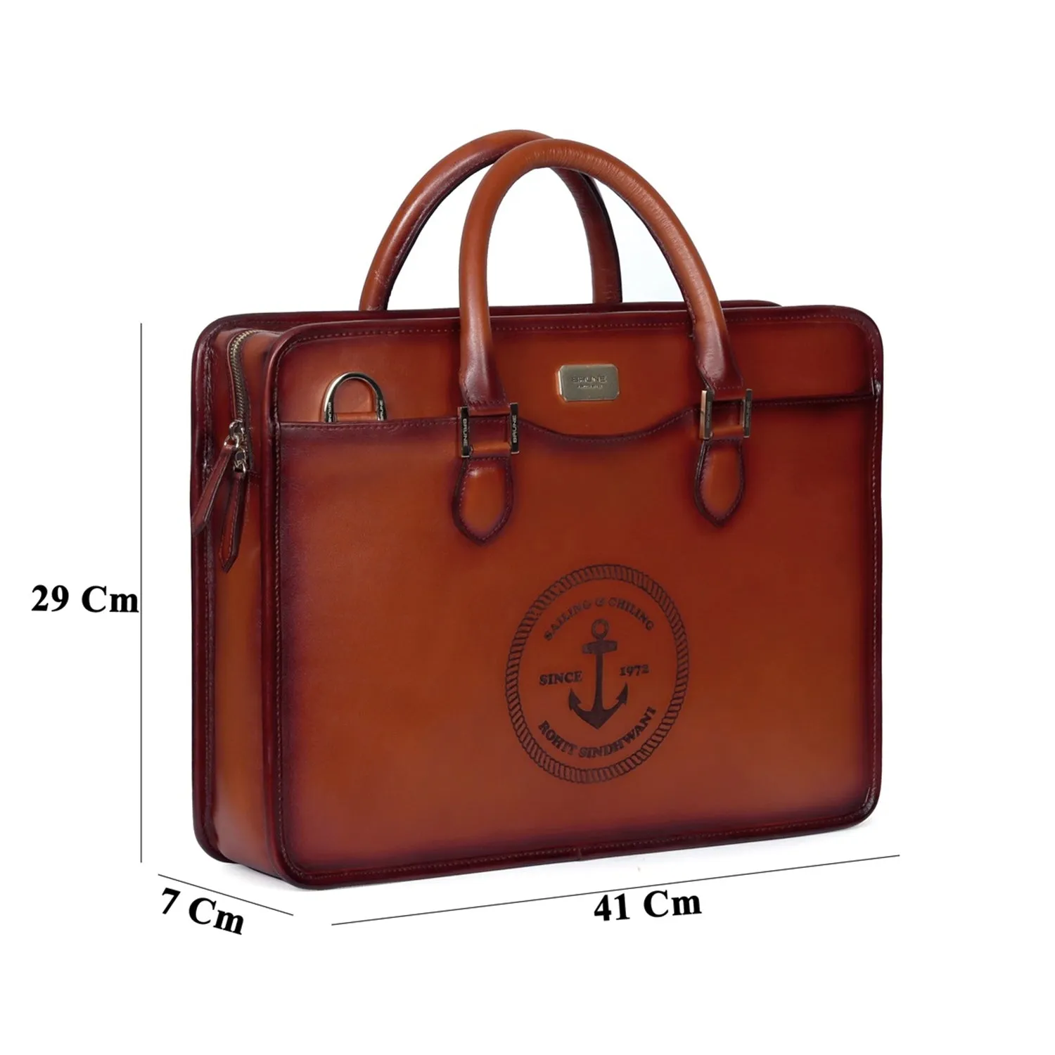 Customized Tan Darker Scritto Laser Initials and "Anchor Sign" Leather Laptop/Office Briefcase By Brune & Bareskin