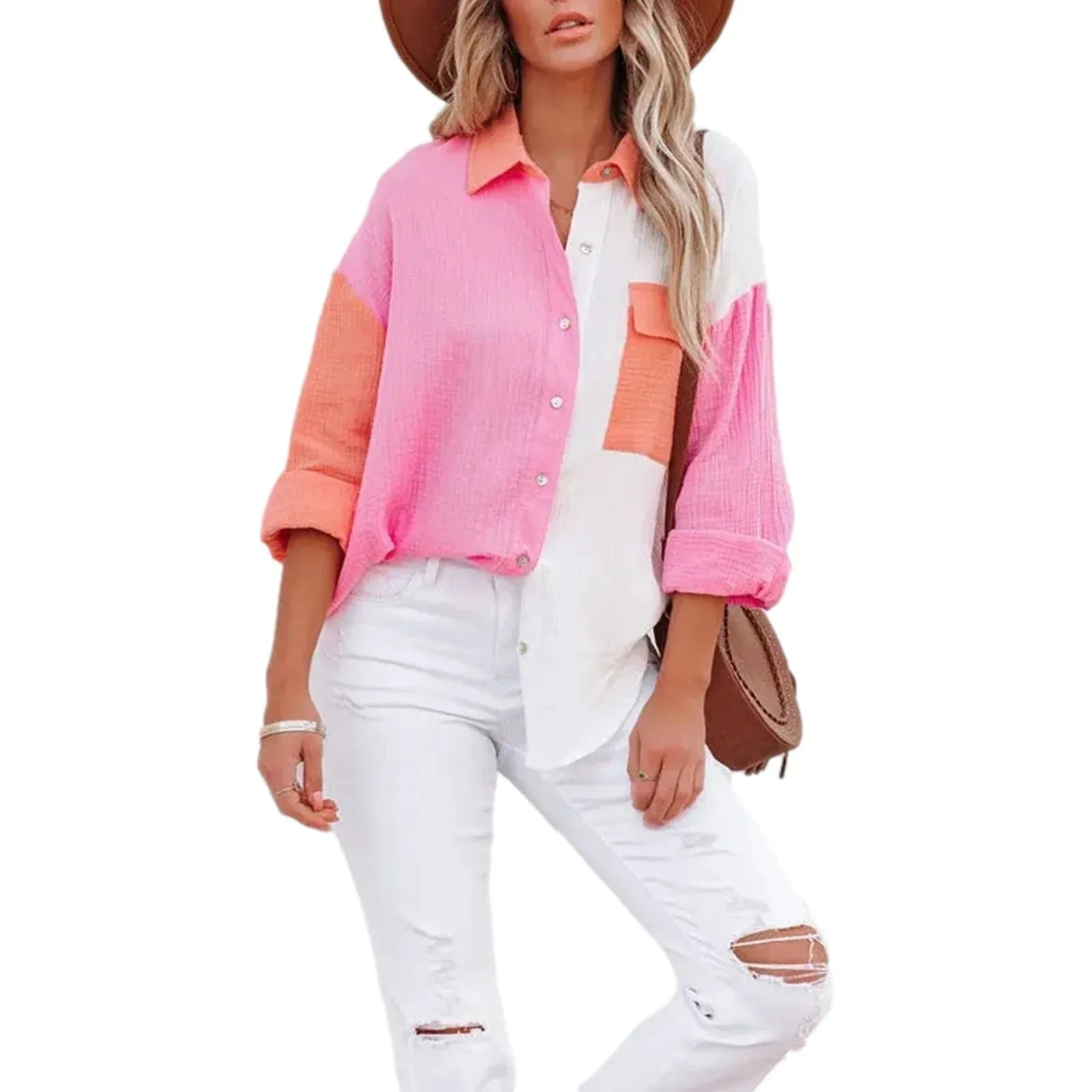 Down Oversized Color Block Collared Boyfriend Tops with Pocket Button Blouse