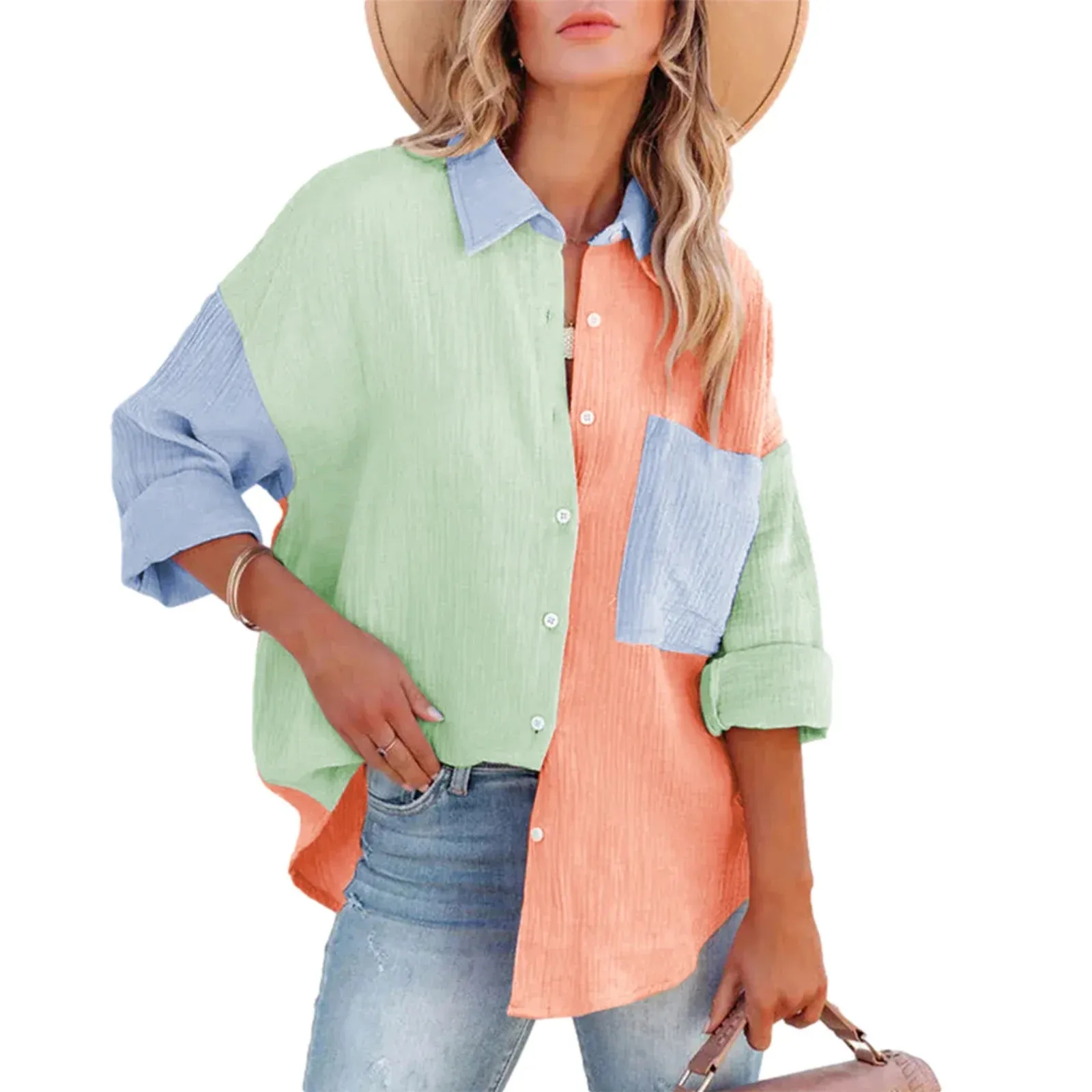 Down Oversized Color Block Collared Boyfriend Tops with Pocket Button Blouse