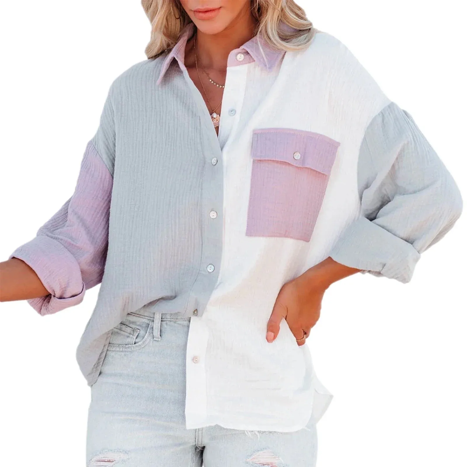 Down Oversized Color Block Collared Boyfriend Tops with Pocket Button Blouse