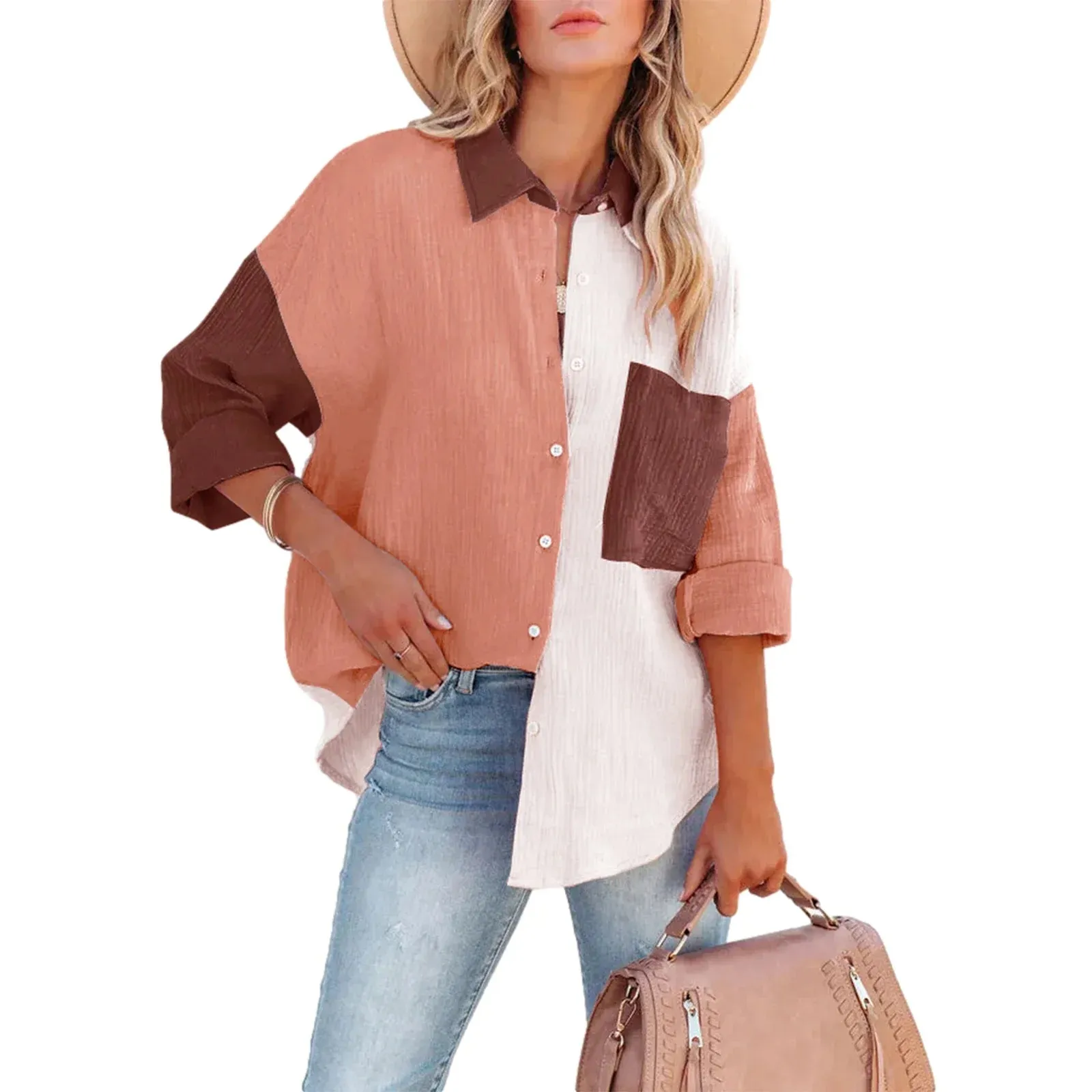 Down Oversized Color Block Collared Boyfriend Tops with Pocket Button Blouse