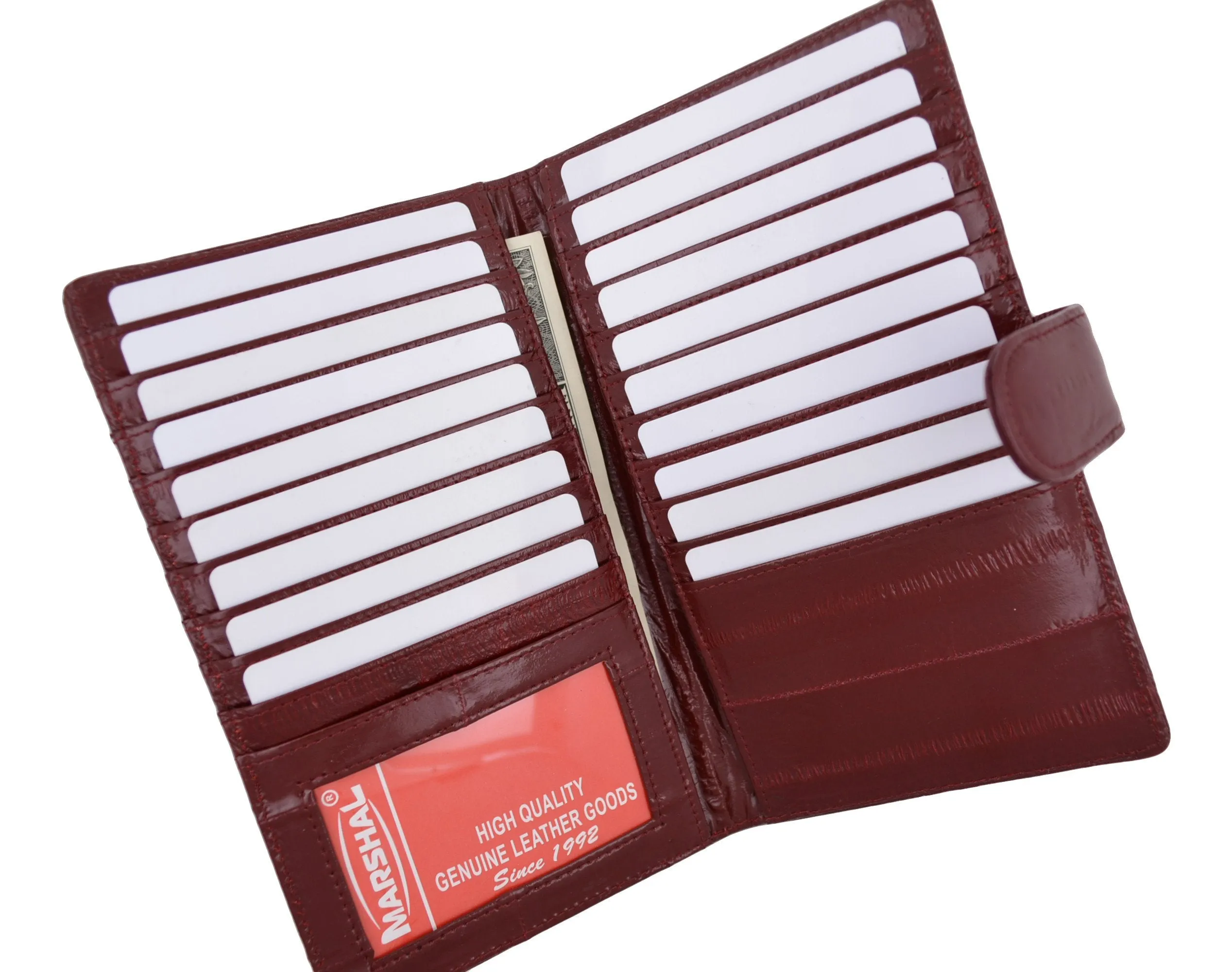 Eel Skin Leather Credit Card Holder Wallet 19 Card Slots & 1 ID Window With Snap E 1629