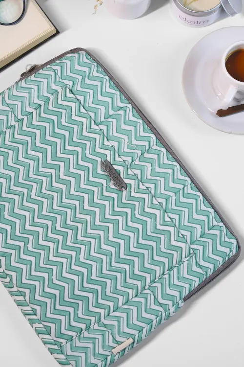 Ekatra Green Chevron Sustainable Handmade Cotton Laptop Sleeve/Laptop Cover