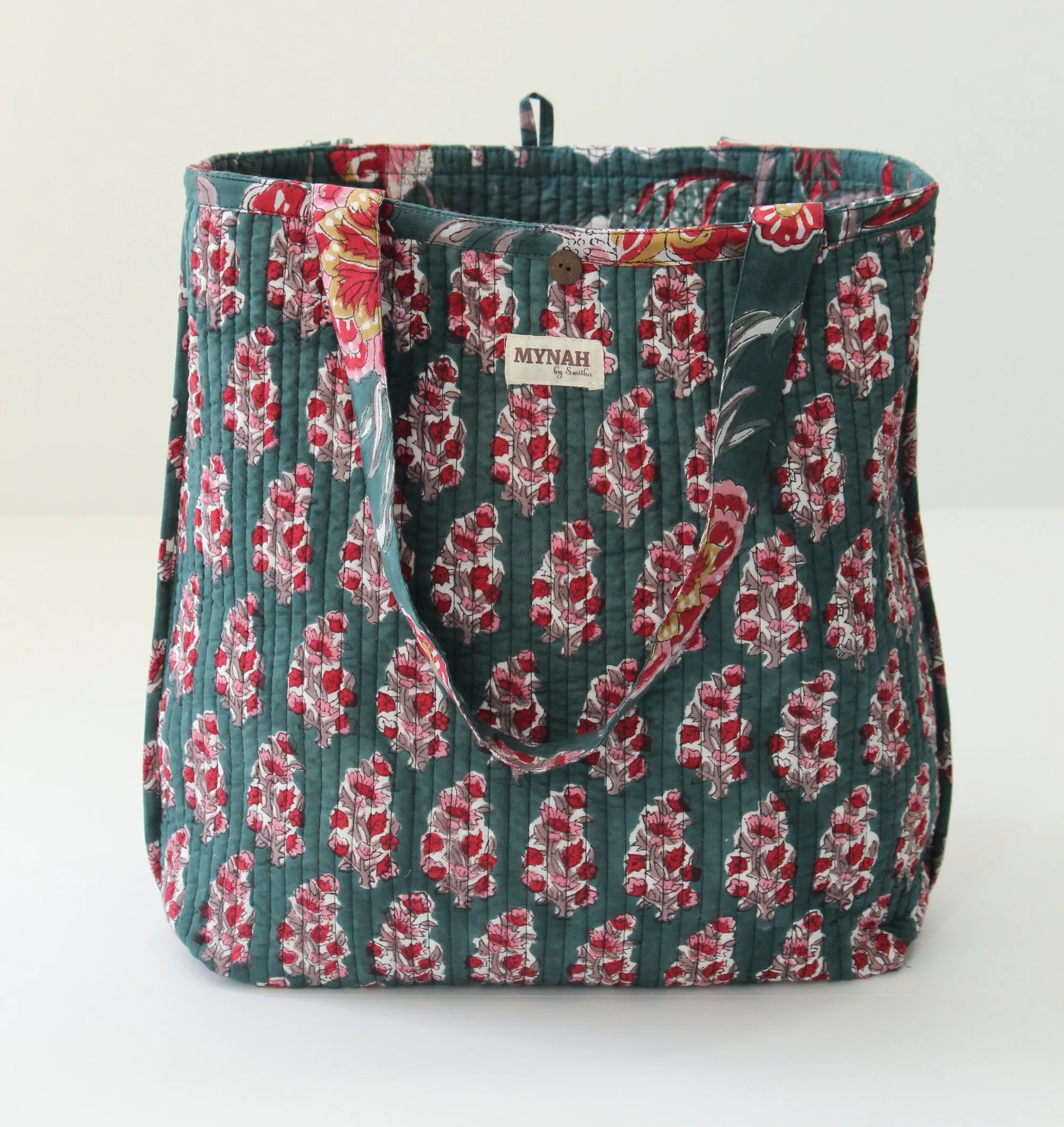 Emerald garden floral print tote bag-Small laptop size